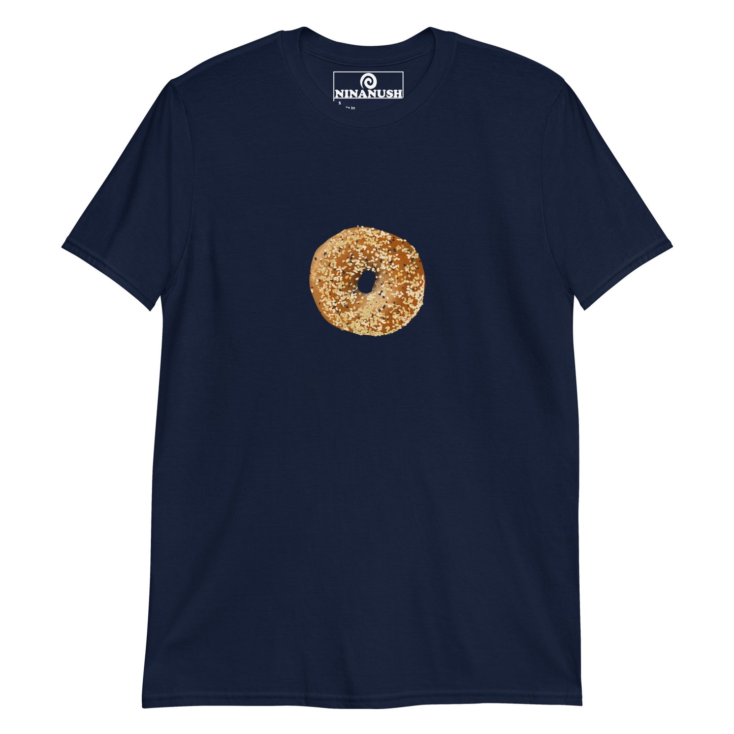 Navy everything bagel graphic t-shirt - A unique everything bagel shirt for bagel enthusiasts. It's a cotton t-shirt with an everything bagel printed on the front. The perfect funny foodie shirt for bagel lovers or gift for foodie. Eat bagels in this statement bagel shirt or find the perfect funny bagel graphic tee or accessory in our bagel lover apparel.