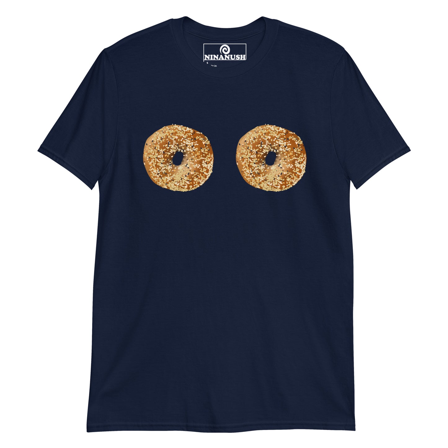 Navy everything bagel shirt - A bagel lover t-shirt with two everything bagels on the boobs. It's a unique bagel graphic tee that's soft, comfortable and made just for you. Wear this statement foodie tee or give it as a funny gift for a bagel enthusiast. Celebrate your favorite foods in our bagel lover clothing and accessories.