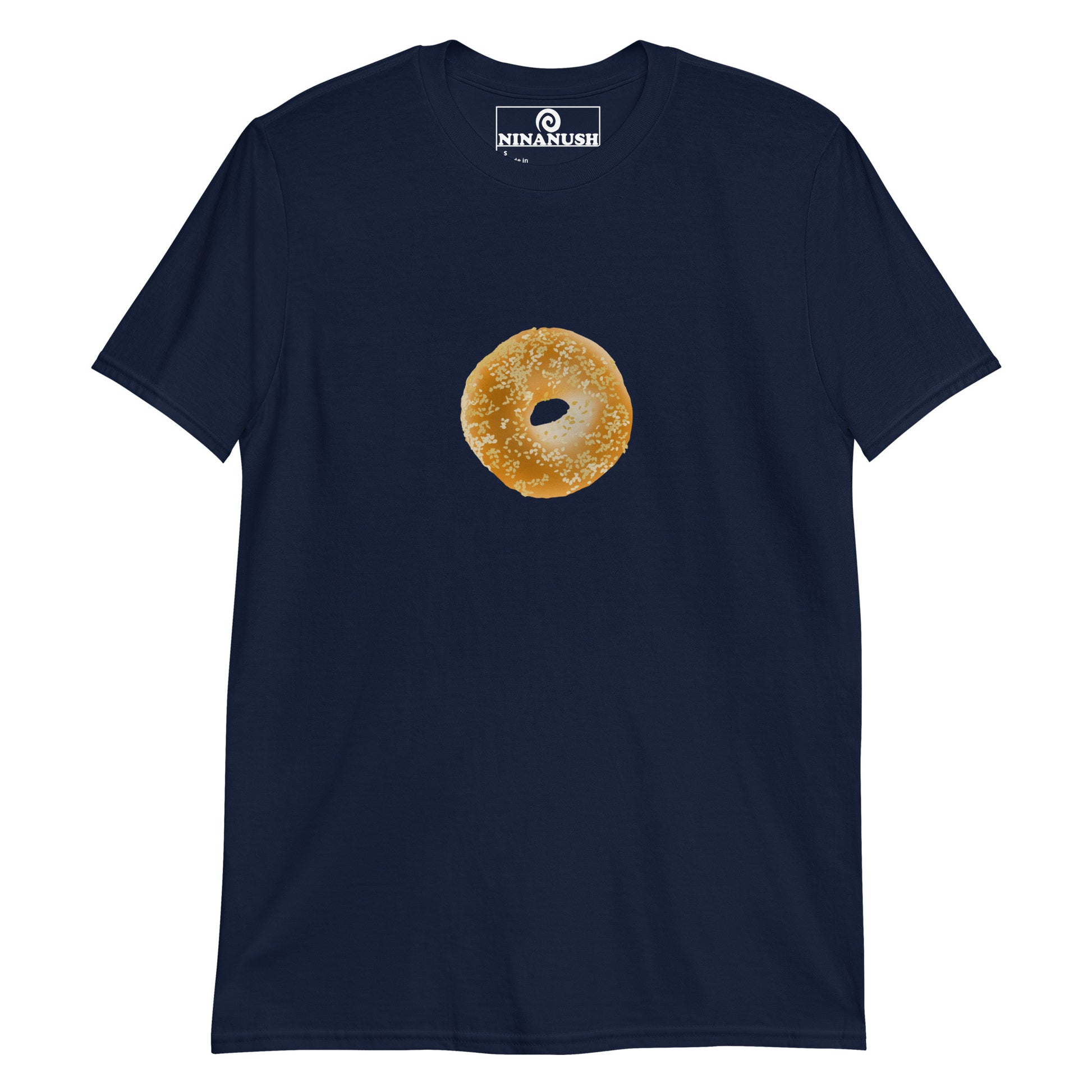 Navy bagel lover shirt - A sesame bagel printed on a classic cotton t-shirt. It's a soft and comfortable shirt for bagel enthusiasts. This funny food shirt is designed for bagel addicts and makes a statement gift for bagel lovers and unusual shirt for foodies of all kinds. Eat your favorite sesame bagel in this unique bagel graphic t-shirt. 