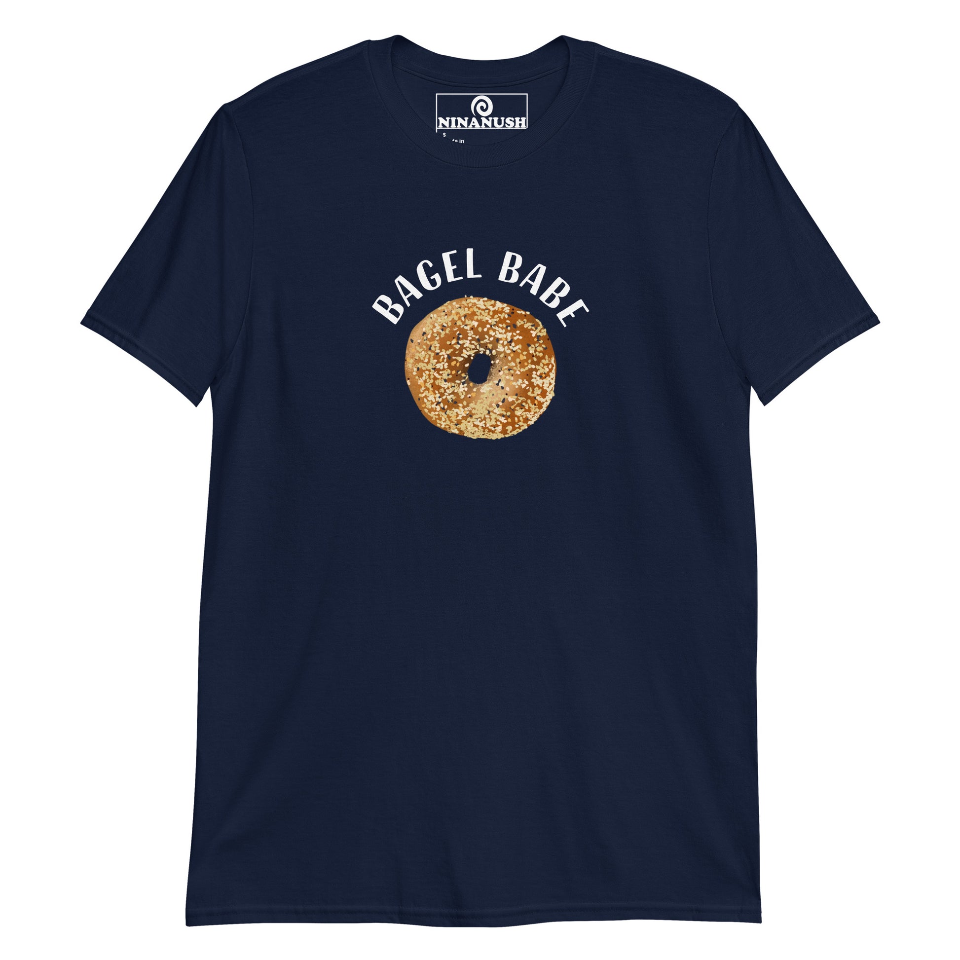 Navy bagel babe t-shirt for bagel lovers - An everything bagel shirt with the words "BAGEL BABE" on the front. It's soft, comfortable and made just for you and your favorite bagel enthusiast. This funny bagel lover t-shirt makes a unique gift for foodies of all kinds. Eat bagels and make a statement in this bagel babe shirt or shop our funky bagel apparel.