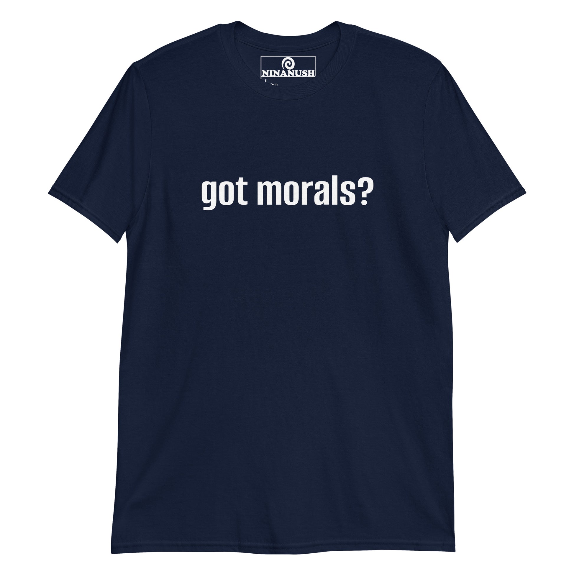 Navy got morals t-shirt - A got morals? shirt that's soft, comfortable and made just for you. It's a classic cotton tee with the words "got morals?" printed on the front. This statement t-shirt is meaningful, stands out and makes a unique gift for ethical vegans or t-shirt for activists of all kinds. A sarcastic got milk t-shirt for vegans.