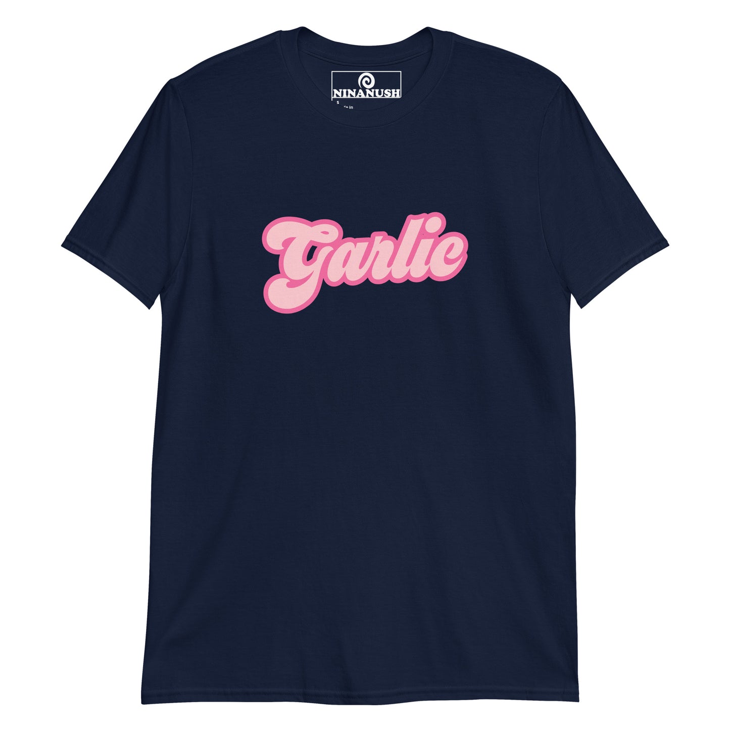 Navy and pink garlic t-shirt for Barbie lovers - A funny Barbie t-shirt for foodies. It's a classic cotton tee with "Garlic" printed in pink. It's a weird graphic tee for garlic enthusiasts that stands out. This funny garlic t-shirt makes a gift for garlic lovers and a quirky shirt for foodies of all kinds. Eat garlic in unique garlic lover statement t-shirt.