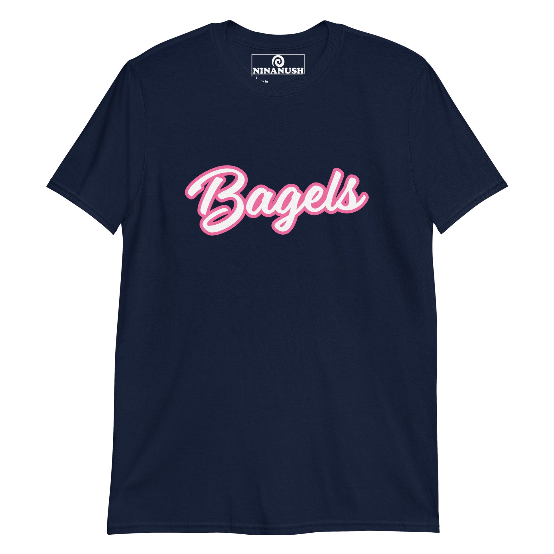 Navy bagel lover Barbie t-shirt - A funny Barbie style t-shirt for bagel lovers. It's a classic cotton tee with the word "Bagels" printed in pink and white on the front. It's soft, comfortable and made just for you and your favorite bagel enthusiast. This funny bagel t-shirt makes a unique gift for bagel lovers and a quirky shirt for foodies of all kinds. 