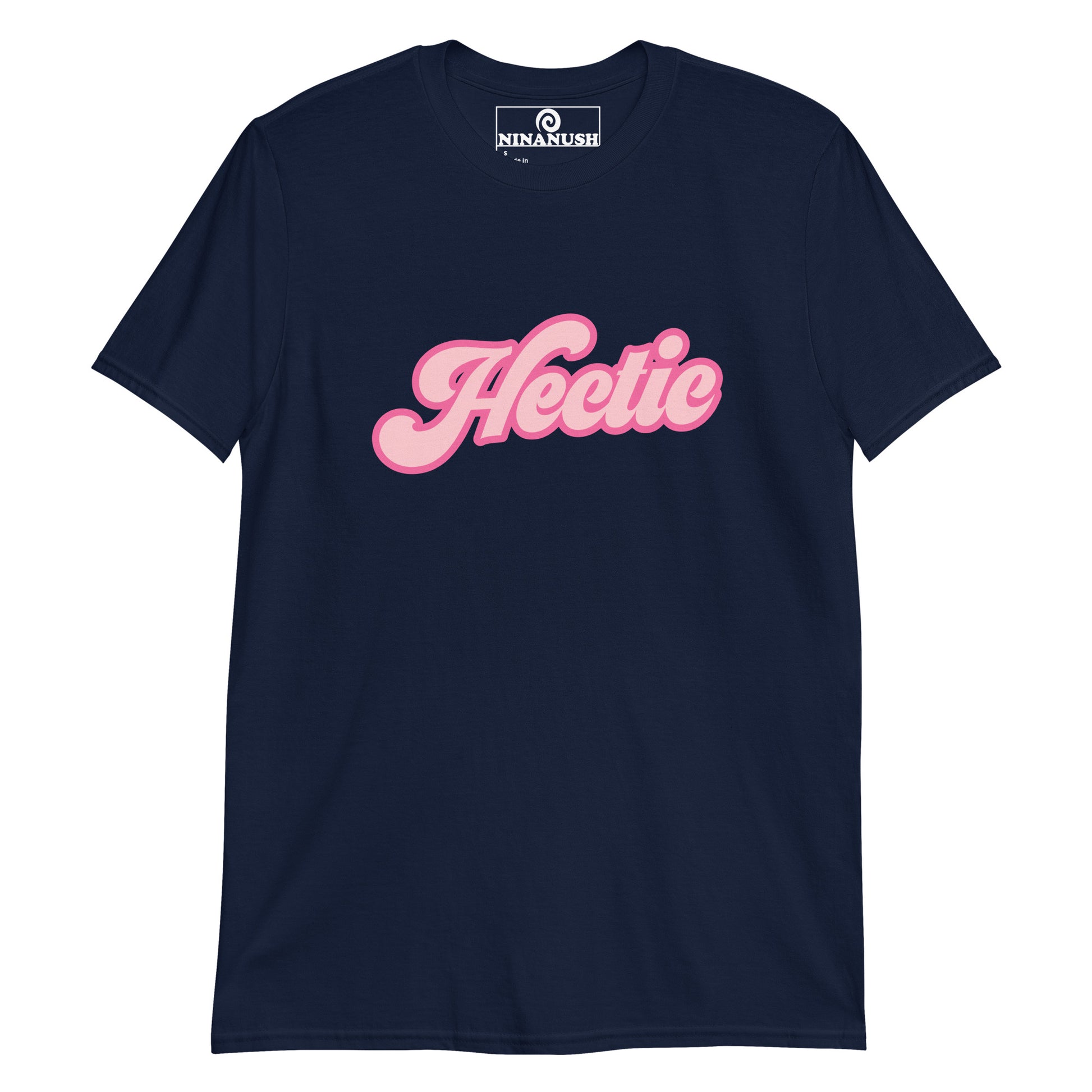 Navy blue hectic t-shirt - A classic cotton tee with the word "Hectic" printed on the front in pink. It's a unique t-shirt that's soft, comfortable and made just for you. Stand out in this hectic graphic tee or give it as a funny gift for a hectic friend. It's a weird statement shirt that you can't find anywhere else. Stay hectic in style.