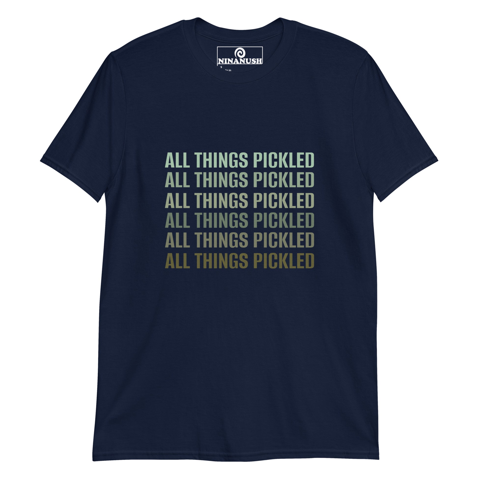 Navy all things pickled lover t-shirt - A classic cotton T-Shirt for passionate pickle enthusiasts with "ALL THINGS PICKLED" printed in shades of pickle green on the front. It's a soft, comfortable pickle lover graphic tee that's designed for foodies and made just for you. This funny food tee makes a funny gift for pickle lovers and unique tee for foodies.