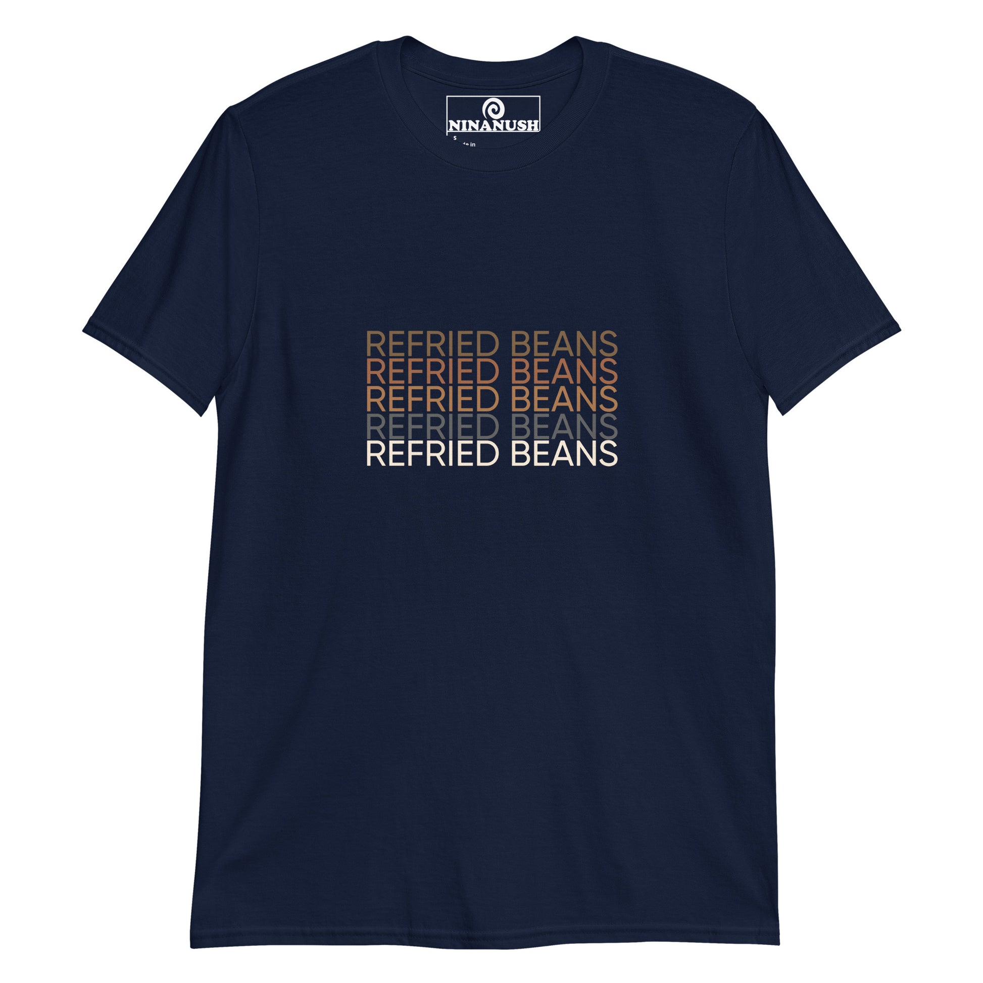 Navy refried beans t-shirt - Eat your favorite refried beans in style with this statement t-shirt for bean enthusiasts and foodies of all kinds. It's a classic cotton t-shirt with the words "refried beans" printed on the front in shades of brown. If you're a passionate refried bean aficionado, this funny foodie shirt is just what you need.