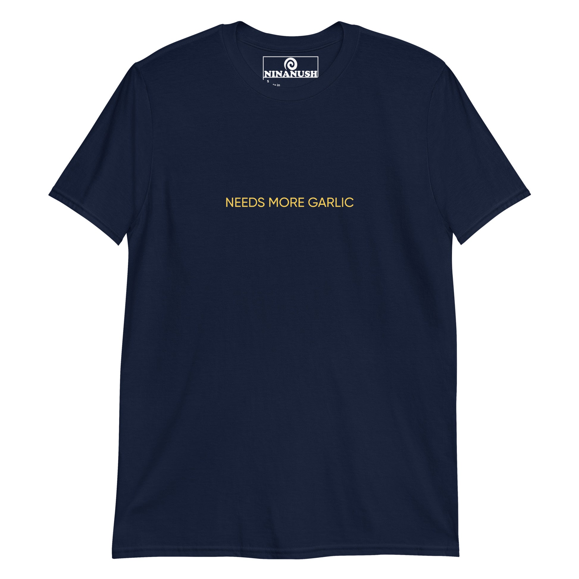 Navy needs more garlic t-shirt from Nina's Funky Shop by ninanush - Attention all garlic enthusiasts! We have the perfect shirt for you This quirky t-shirt is designed for the garlic lover in you. Eat your favorite garlicky foods in style with this funny foodie shirt. It's a cotton shirt that's soft and comfortable with an eye catching yellow design for passionate garlic lovers.