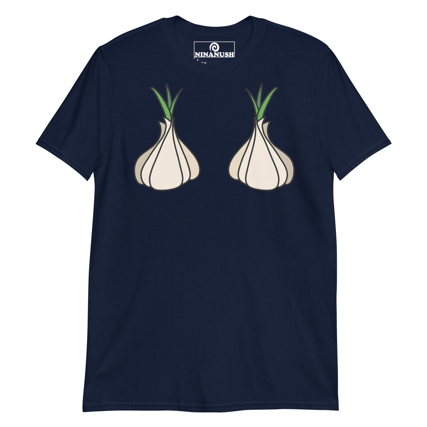 Navy garlic boobs t-shirt from Nina's Funky Shop by ninanush - This funny garlic head shirt is designed for garlic lovers and made for you. It's a a soft and comfortable cotton t-shirt with garlic on the chest. A unique foodie t-shirt designed for passionate garlic aficionados. Wear this garlic boob t-shirt on everyday outings or give it as a funny gift for a garlic enthusiast.