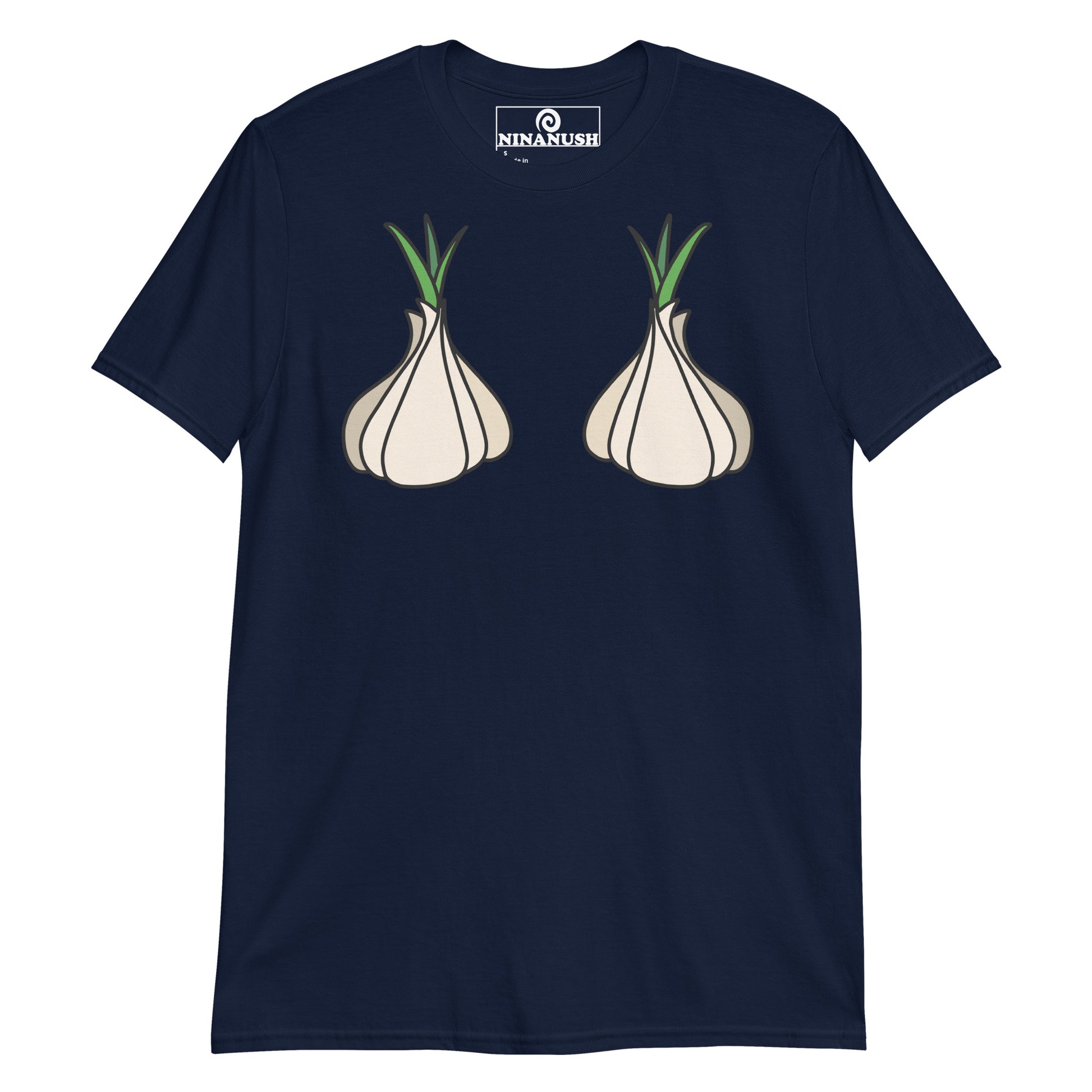 Navy garlic boobs t-shirt from Nina's Funky Shop by ninanush - This funny garlic head shirt is designed for garlic lovers and made for you. It's a a soft and comfortable cotton t-shirt with garlic on the chest. A unique foodie t-shirt designed for passionate garlic aficionados. Wear this garlic boob t-shirt on everyday outings or give it as a funny gift for a garlic enthusiast.