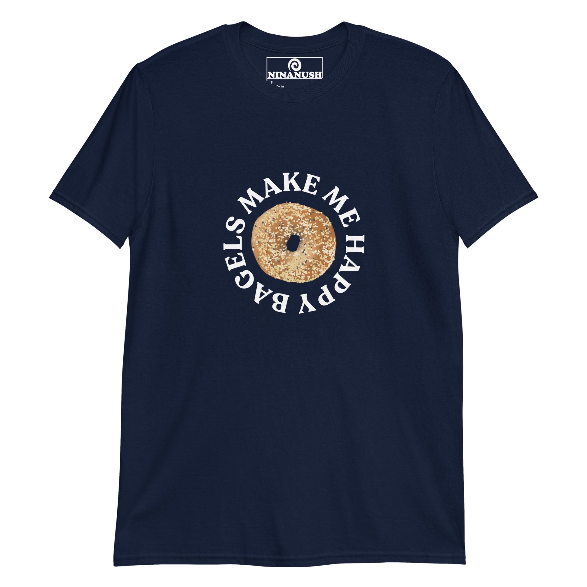 Navy bagels make me happy bagel addict t-shirt from Nina's Funky Shop by ninanush - This everything bagel t-shirt for bagel lovers is a soft and comfortable cotton t-shirt with a bagel and the words "Bagels make me happy". A unique foodie t-shirt for passionate bagel aficionados. Wear this statement bagel lover t-shirt on everyday outings or give it as a funny gift for a bagel enthusiast like you.