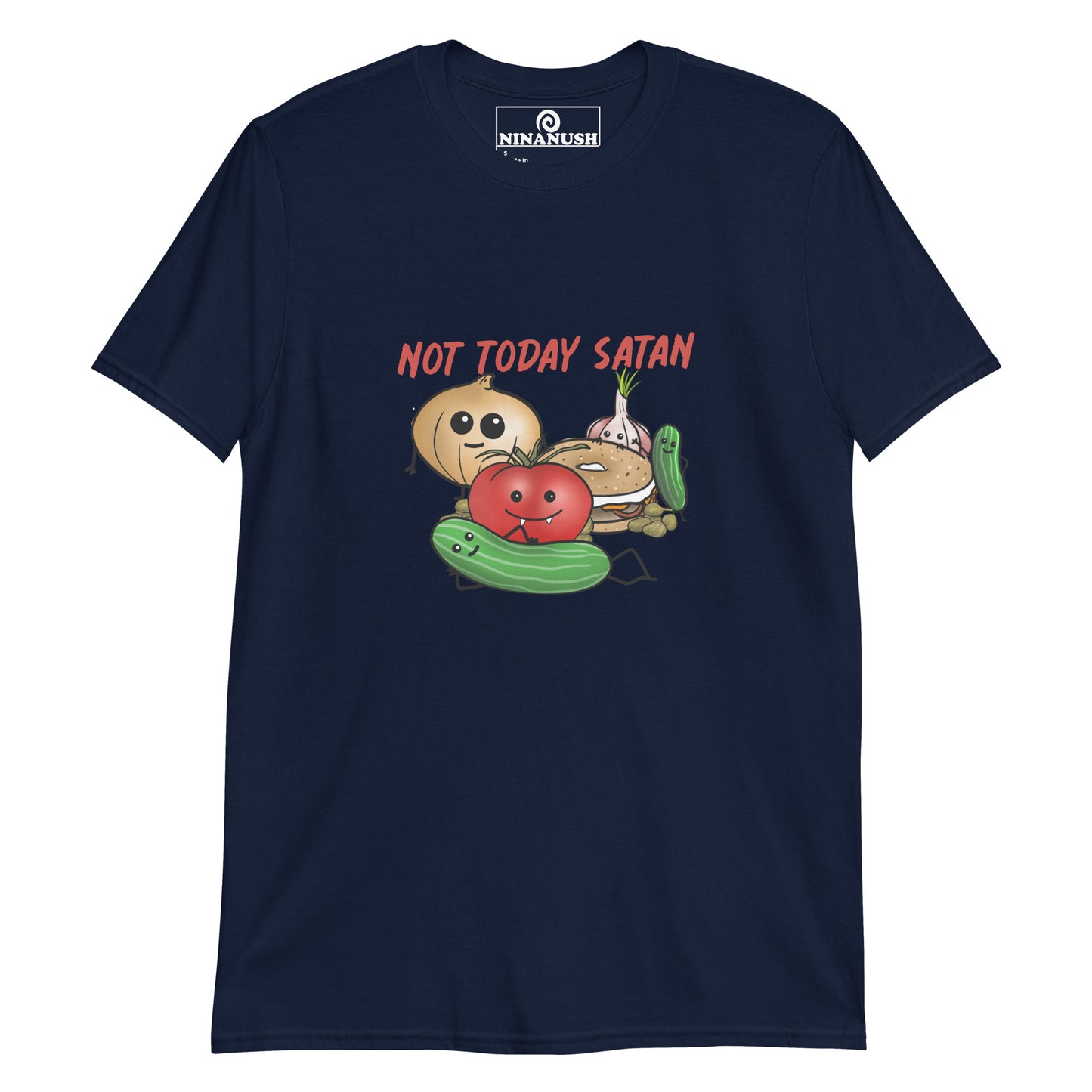 Navy not today satan t-shirt with cute veggies and bagel from Nina's Funky Shop by ninanush - "Not Today Satan" This funny everything bagel and veggies t-shirt is soft, comfortable and made just for you with the words "Not today Satan" printed in red. It's a unique foodie t-shirt designed for passionate bagel aficionados and quirky t-shirt lovers of all kinds.