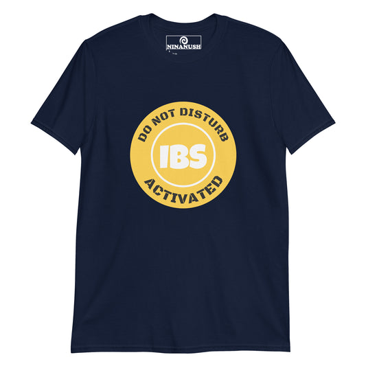 Navy ibs t-shirt from Nina's Funky Shop by ninanush - This funny IBS t-shirt is soft, comfortable and made just for you with the words "Do not disturb, IBS activated" printed on the front. It's a unique IBS t-shirt for people with a sensitive stomach and a sense of humor.