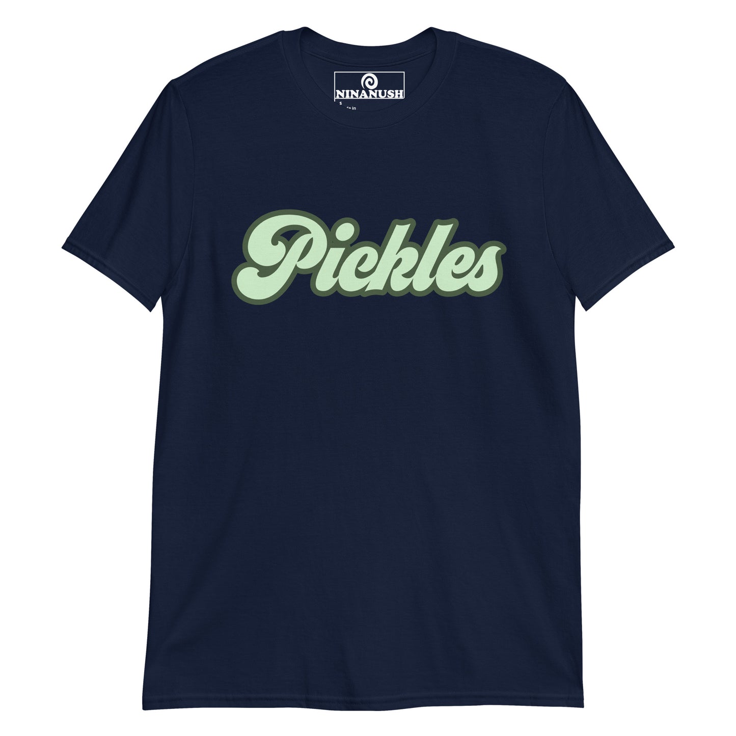 Navy pickles t-shirt from Nina's Funky Shop by ninanush - This funny pickle lover t-shirt is soft, comfortable & made just for you with the word "Pickles" printed in a vintage green design. It's a unique foodie t-shirt designed for passionate pickle enthusiasts and quirky t-shirt lovers of all kinds. Eat pickles in this weird pickle tee or give it as a gift for a pickle lover.