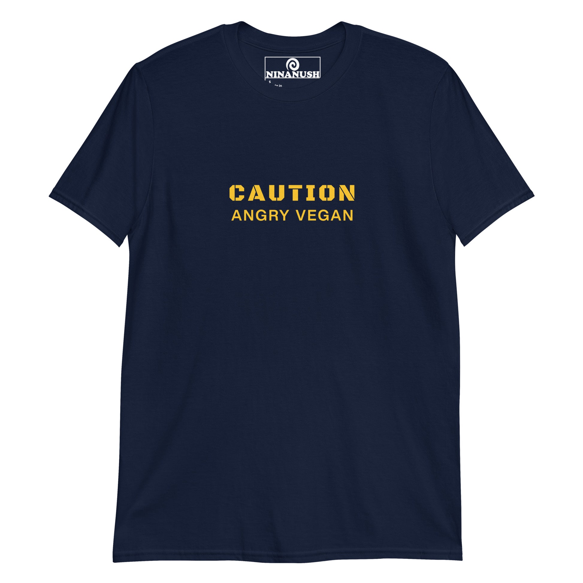 Navy caution angry vegan t-shirt from Nina's Funky Shop by ninanush - This funny vegan activist t-shirt is soft, comfortable and made just for you with the words "Caution Angry Vegan" printed in yellow on the front. It's a unique vegan t-shirt for people with a conscience and a sense of humor. Wear it as an everyday unique vegan tee or give it as a gift for a plant based friend.