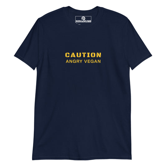 Navy caution angry vegan t-shirt from Nina's Funky Shop by ninanush - This funny vegan activist t-shirt is soft, comfortable and made just for you with the words "Caution Angry Vegan" printed in yellow on the front. It's a unique vegan t-shirt for people with a conscience and a sense of humor. Wear it as an everyday unique vegan tee or give it as a gift for a plant based friend.