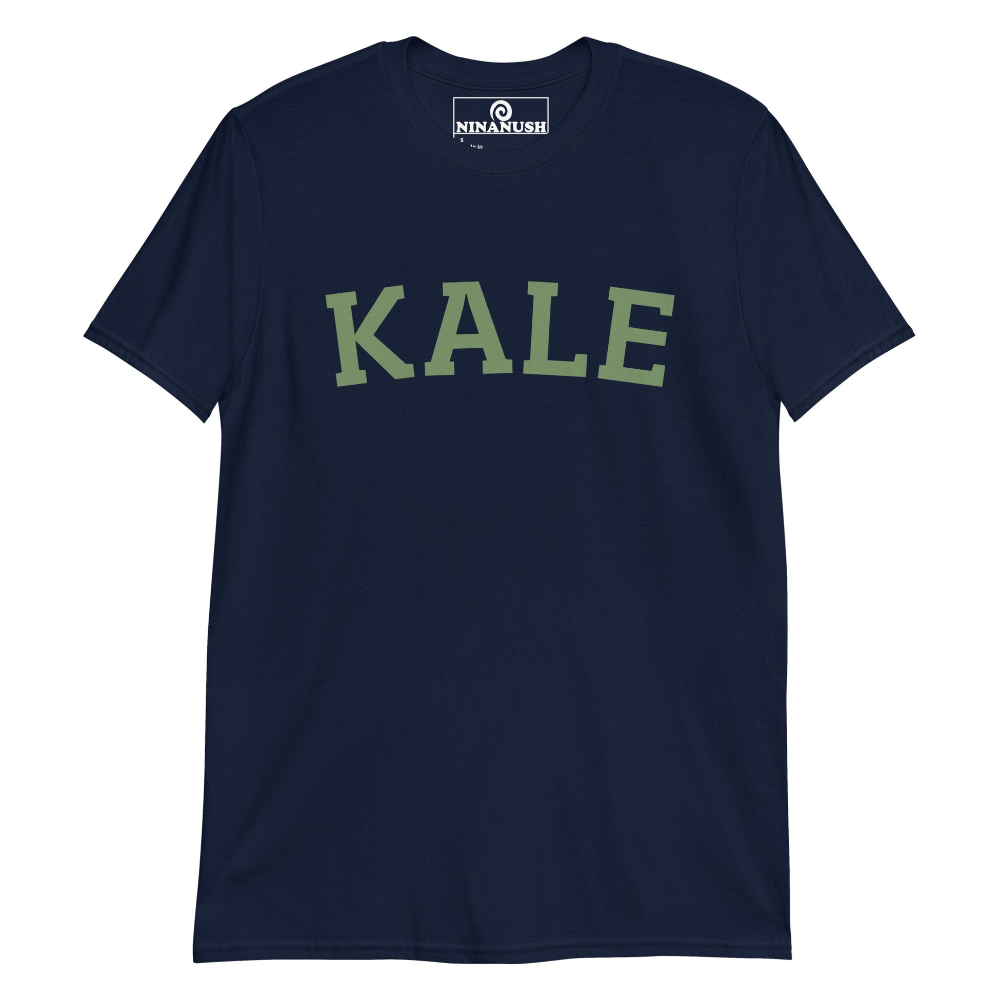 Navy kale t-shirt from Nina's Funky Shop by ninanush - The ultimate t-shirt for kale lovers, plant based babes and foodies of all kinds. It's a soft and comfortable, college style kale t-shirt that's made just for you. Make a bold statement with this funny food shirt or give it as a gift to your favorite kale enthusiast. A unique vegan tee, for kale aficionados and beyond.