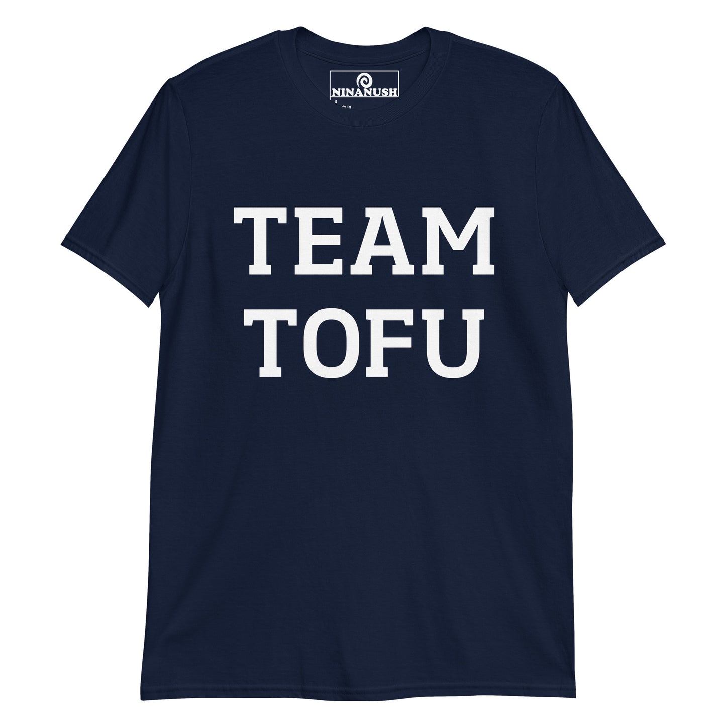 Navy team tofu t-shirt from Nina's Funky Shop by ninanush - Stand out and make a statement in our team tofu t-shirt. It's a funny shirt for plant based foodies and tofu lovers of all kinds. This cotton vegan tee is soft, comfortable, designed for tofu lovers and made just for you. Wear this tofu enthusiast t-shirt or give it as a funny gift for your favorite vegan activist.