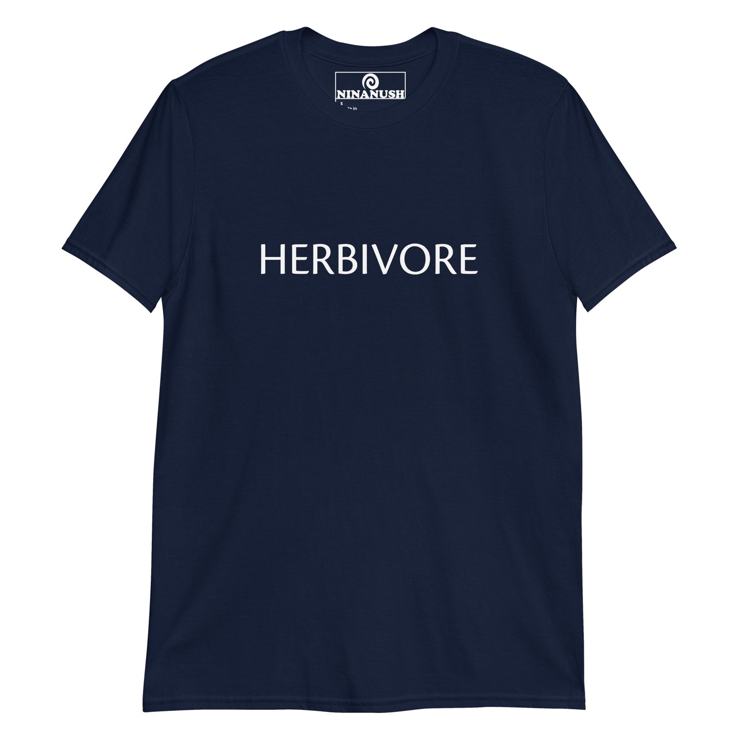 Navy herbivore t-shirt from Nina's Funky Shop by ninanush - The herbivore t-shirt for plant based enthusiasts. It's a classic cotton tee designed for vegans and plant based babes. Available in three colors with the word "herbivore" expertly printed on the front. Wear this herbivore tee and make a statement or give it as a meaningful gift for your favorite vegan activist.