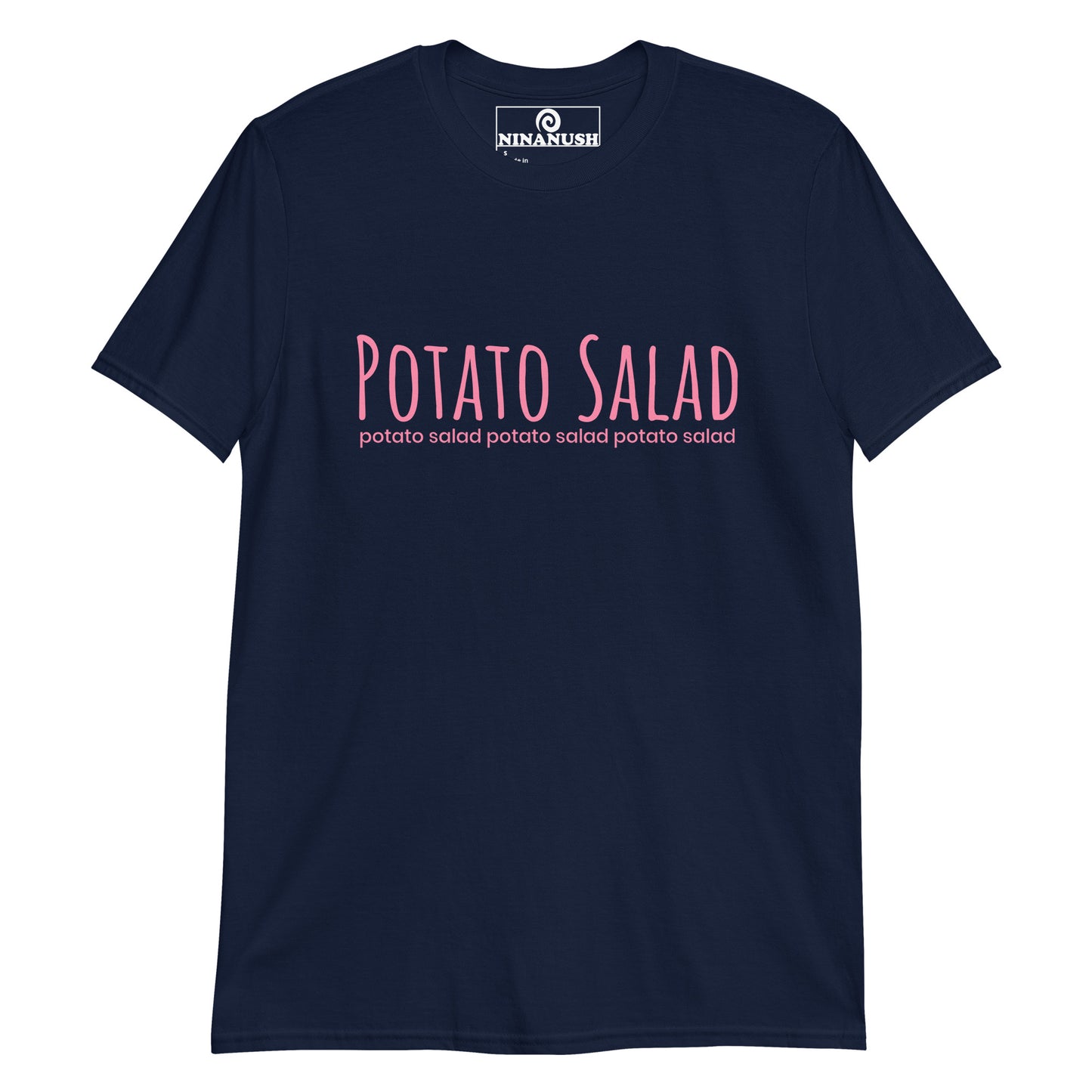 Navy potato salad t-shirt from Nina's Funky Shop by ninanush - The "Potato Salad T-Shirt." This funny food shirt is designed for the potato salad lover in you. Now you can eat your favorite potato salad in style with this unique foodie graphic tee. This cotton shirt is soft and comfortable with an eye catching pink design. The perfect gift for a potato salad enthusiast and foodies of all kinds.