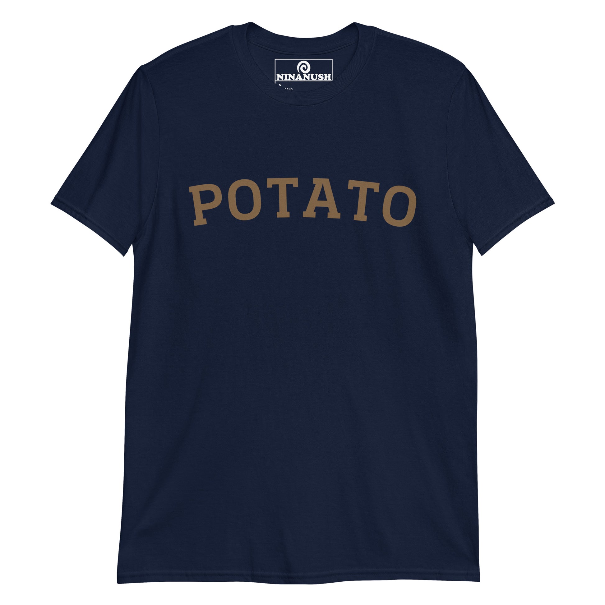 Navy potato t-shirt from Nina's Funky Shop by ninanush - This potato T-Shirt is made from high-quality cotton with the word "Potato" printed in brown on the front. Eat your favorite potatoes in style in this funny foodie tee. It's soft, comfortable and made just for you. The perfect potato lover t-shirt and gift for potato enthusiasts or a quirky tee for foodies of all kinds.