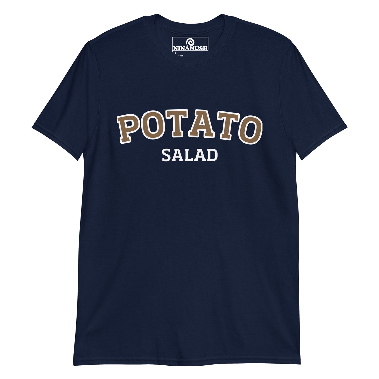 Navy potato salad t-shirt from NIna's Funky Shop by ninanush - A funny food shirt, designed for potato salad lovers and foodies of all kinds. Now you can eat your favorite potato salad in style with this unique foodie graphic tee. It's soft and comfortable with an eye catching brown and white design. The perfect gift for a potato salad enthusiast or a quirky tee for everyone. 