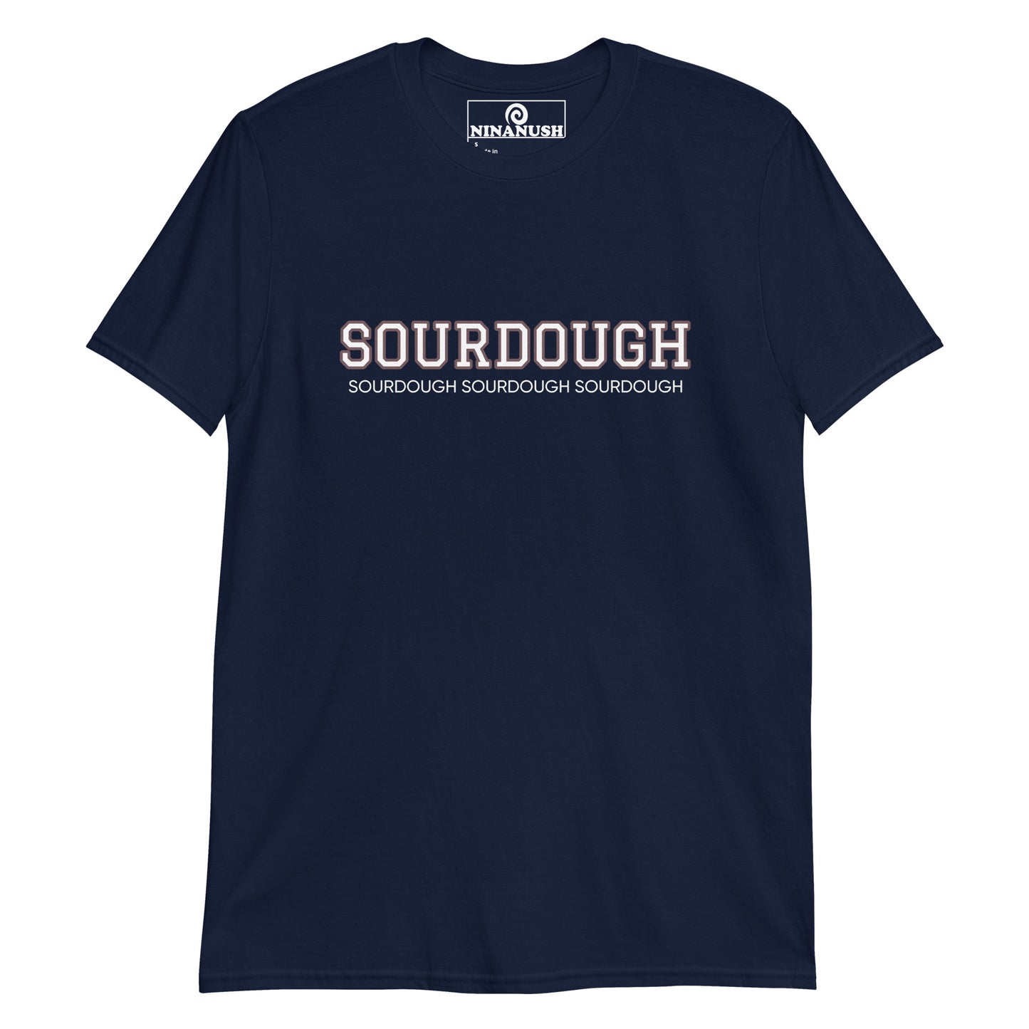 Navy sourdough t-shirt from Nina's Funky Shop by ninanush - A sourdough t-shirt that's designed for sourdough lovers and foodies. Eat your favorite sourdough in style with this unique foodie tee. This cotton shirt is soft and comfortable with an eye catching brown and white design. The perfect gift for a sourdough enthusiast or a quirky tee for bread lovers of all kinds.