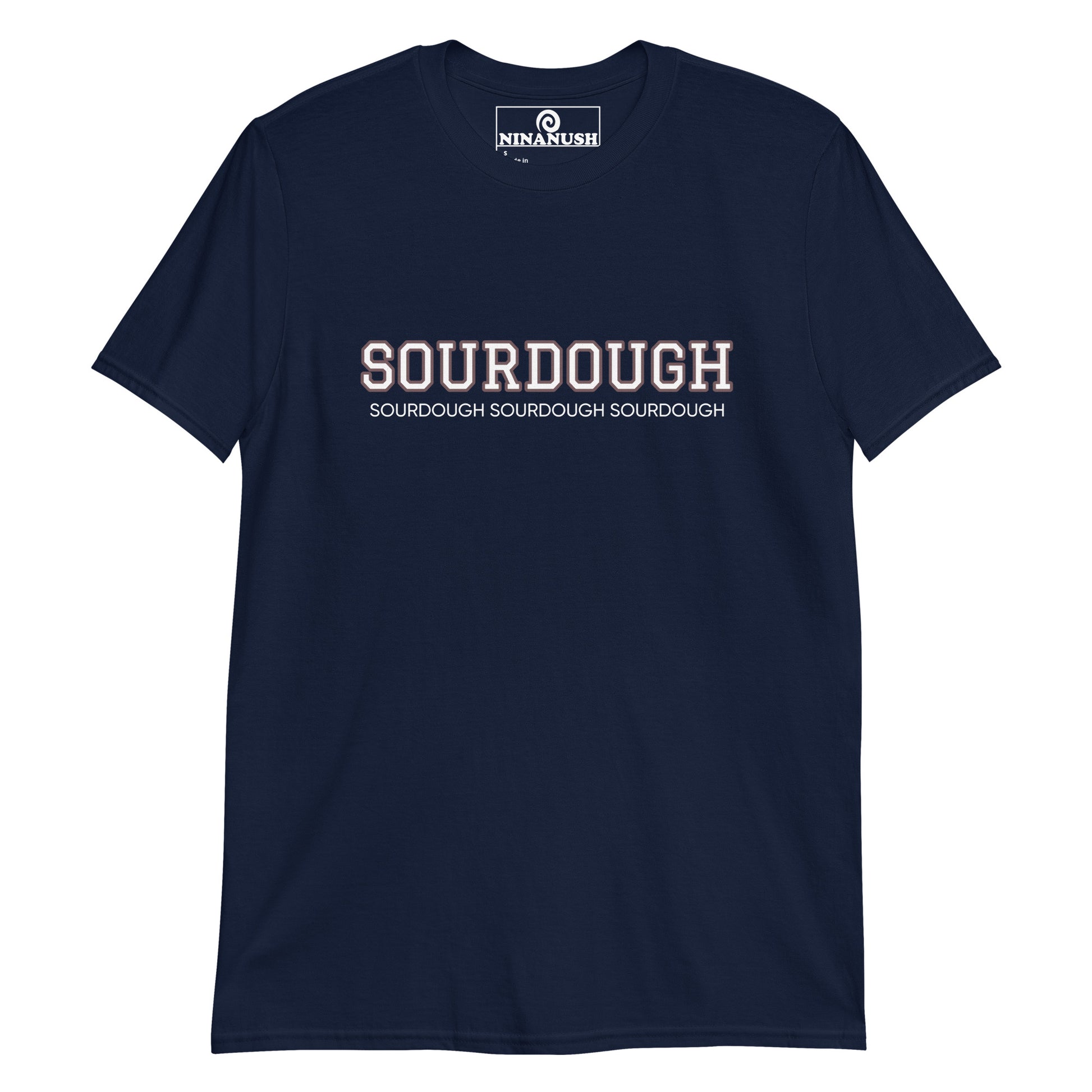 Navy sourdough t-shirt from Nina's Funky Shop by ninanush - A sourdough t-shirt that's designed for sourdough lovers and foodies. Eat your favorite sourdough in style with this unique foodie tee. This cotton shirt is soft and comfortable with an eye catching brown and white design. The perfect gift for a sourdough enthusiast or a quirky tee for bread lovers of all kinds.