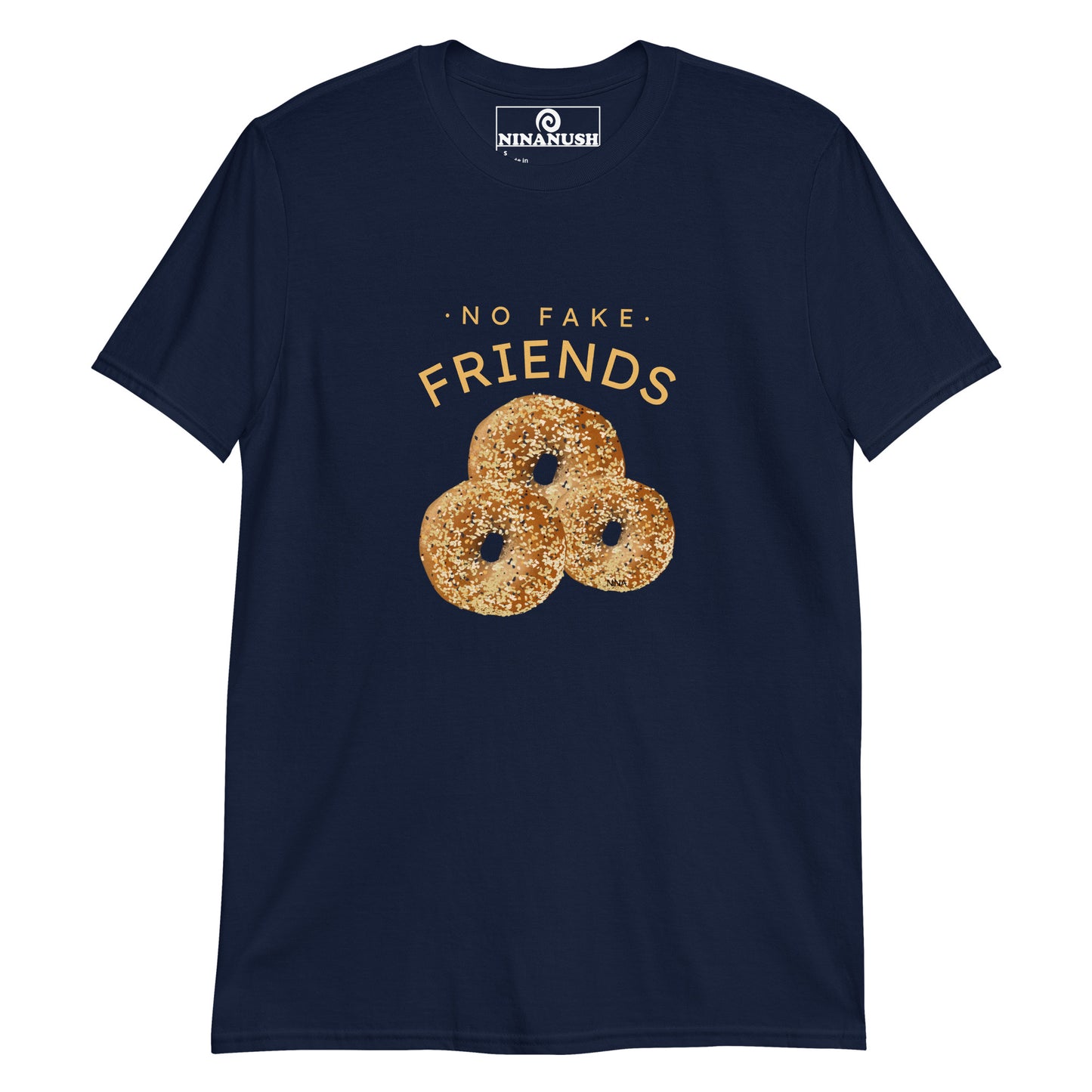 Navy funny bagel shirt from Nina's Funky Shop by ninanush - This "no fake friends" shirt is designed for bagel lovers with unique everything bagels, hand-drawn by Nina. Eat bagels and make a statement in this bagel enthusiast t-shirt. It's soft, comfortable, and made just for you. Stand out in this quirky t-shirt or give it as a gift for a bagel lover or foodie of all kinds.