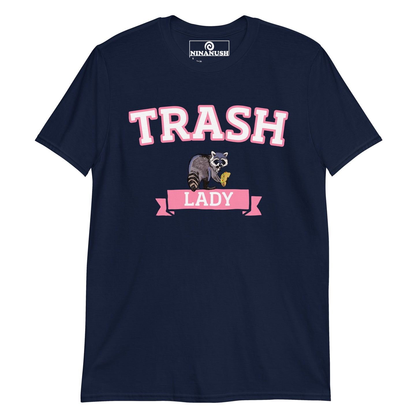 Navy trash lady t-shirt with raccoon eating a taco from Nina's Funky Shop by ninanush - The pink trash lady raccoon t-shirt! A funny raccoon t-shirt that's totally unique and made just for you. Wear this trash lady shirt and show off your love of raccoons. It has an original, hand drawn design by Nina. Stay funky and eat trash in this funny raccoon t-shirt or give it as a funny gift for taco lovers and foodies of all kinds.