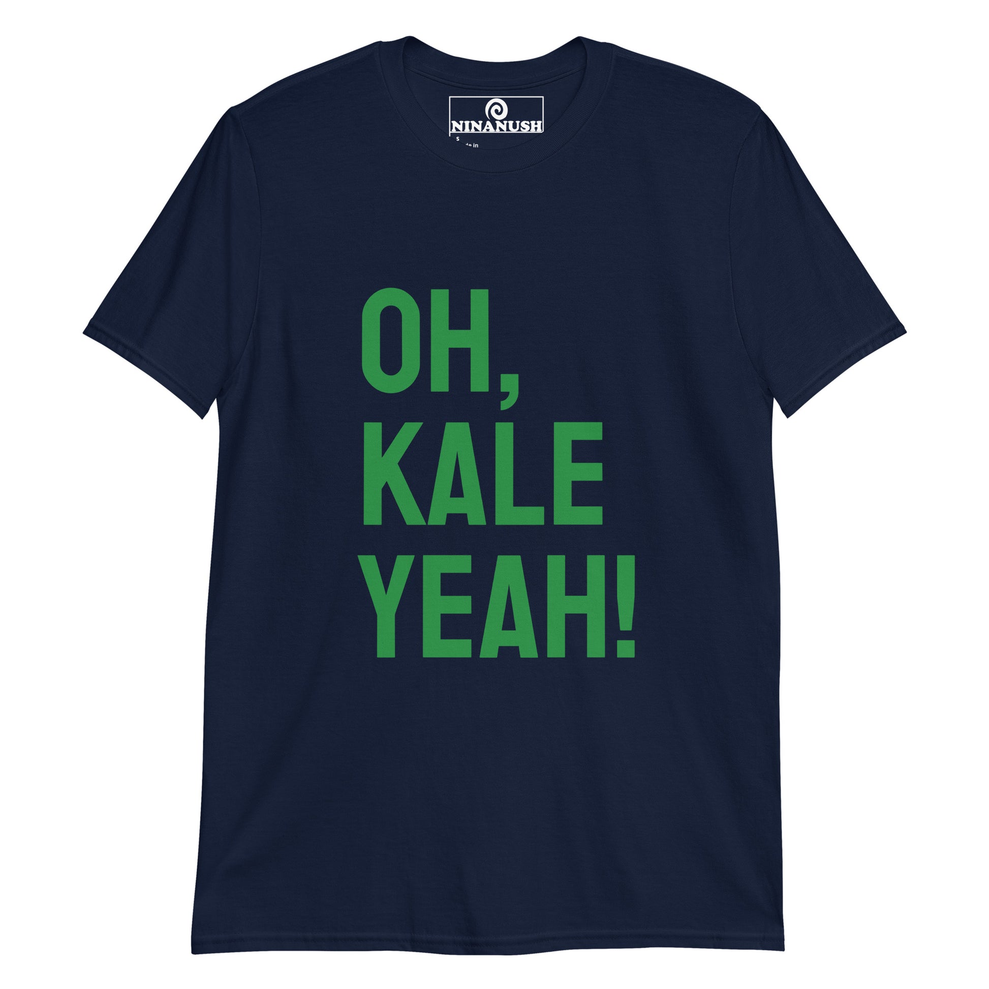 Navy oh, kale yeah! t-shirt from Nina's Funky Shop by ninanush - This kale t-shirt is a cotton tee that comfortable and stands out with a quirky kale exclamation. It's a funny food t-shirt for kale enthusiasts and weird t-shirt lovers of all kinds. Add a little personality to your everyday outfits with this Oh, Kale Yeah! Shirt. It's designed by Nina and made just for you.