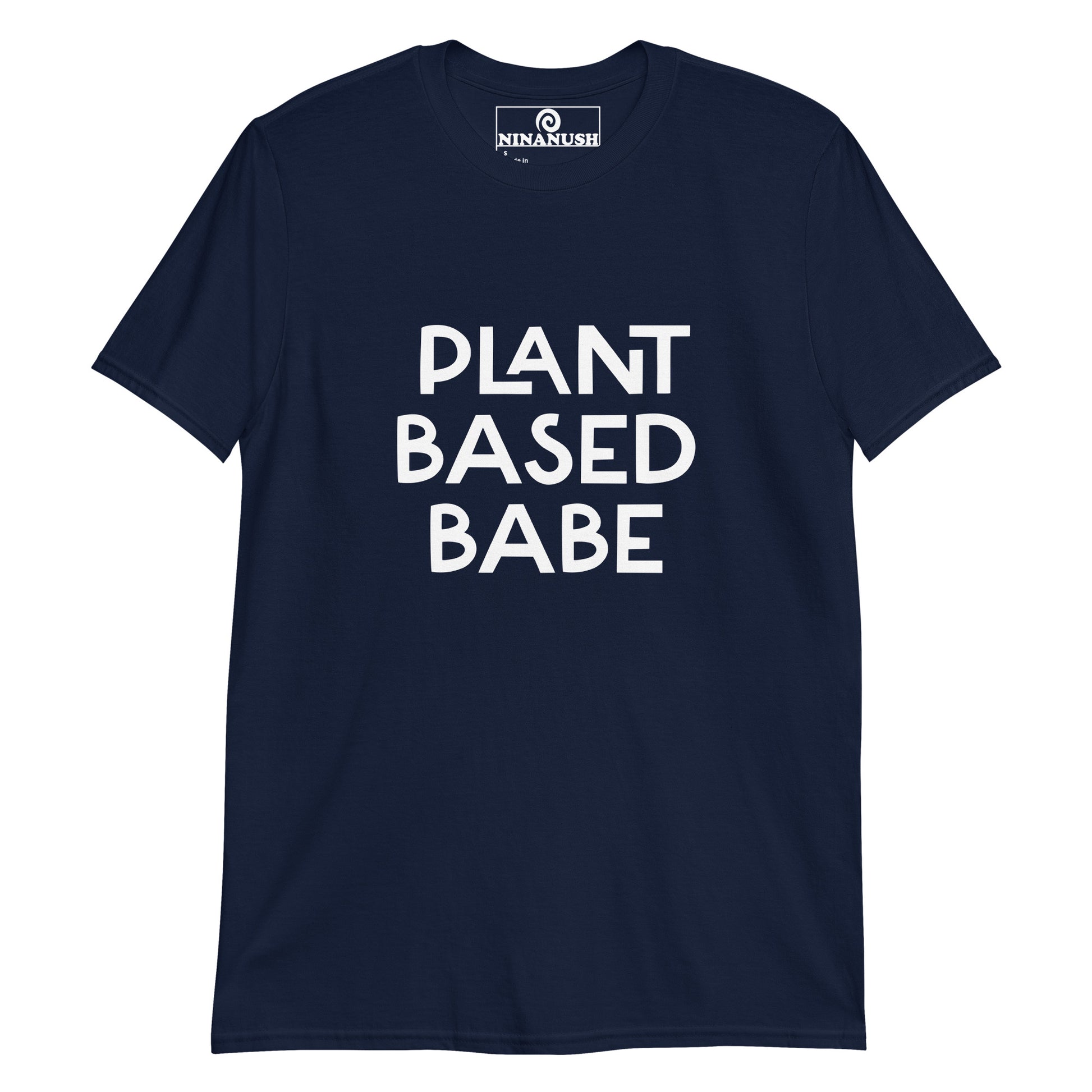 Navy plant based babe t-shirt from Nina's Funky Shop by ninanush - PLANT BASED BABE 🌱 Calling all plant based babes! Make a statement in this unique vegan t-shirt with the words "plant based babe" expertly printed on the front. It's a unisex, classic cotton shirt for proud vegan foodies or a gift for plant based hunks of all kinds. This simple vegan tee is designed by Nina and made just for you.