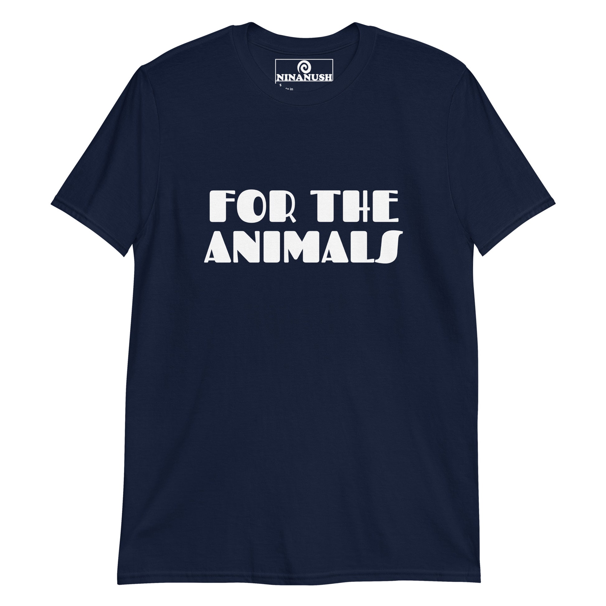 Navy for the animals t-shirt from Nina's Funky Shop by ninanush - FOR THE ANIMALS Calling all plant based babes! Make a statement in this unique vegan for the animals t-shirt with the words "for the animals" expertly printed on the front. It's a unisex, classic cotton shirt for ethical vegan or a gift for plant based babes of all kinds. This simple and meaningful vegan tee is designed by Nina and made just for you.