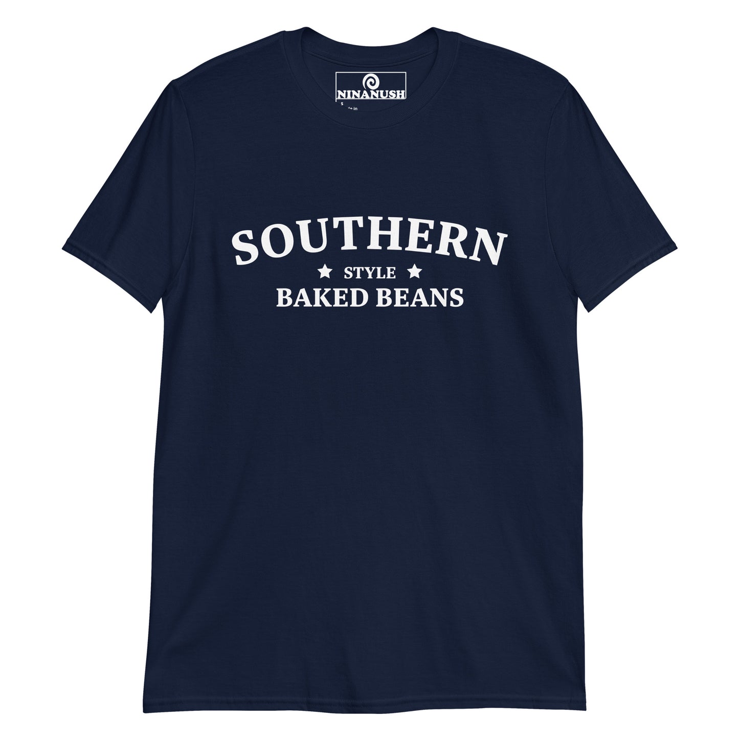 Navy southern style baked beans t-shirt from Nina's Funky Shop - A funny baked beans t-shirt that's unique and made just for you. 🌟 Eat your favorite baked beans in this quirky t-shirt for southern baked bean lovers and foodies of all kinds. Add a little personality to your style in this baked bean enthusiast t-shirt or give it as a funny gift for a fellow bean aficionado.