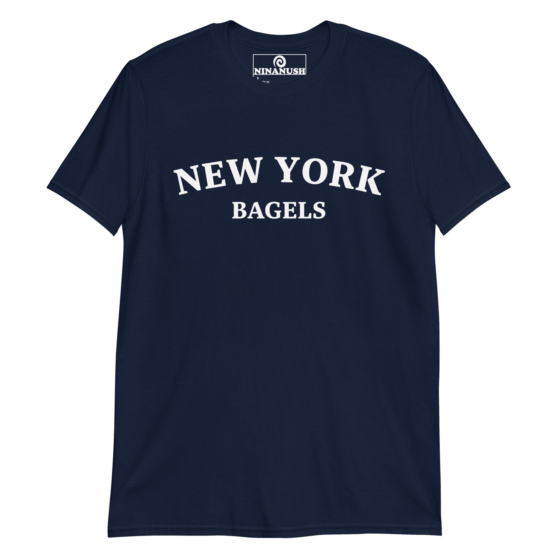 Navy blue New York Bagel Shirt from Nina's Funky Shop by ninanush - The New York Bagels shirt for bagel enthusiasts of all kinds. Eat your favorite New York bagels and make a statement. This college-style bagel shirt makes the perfect gift for New York Bagel lovers. Wear this funny bagel shirt as everyday streetwear. It's sure to make a statement. Everyone loves New York bagels!