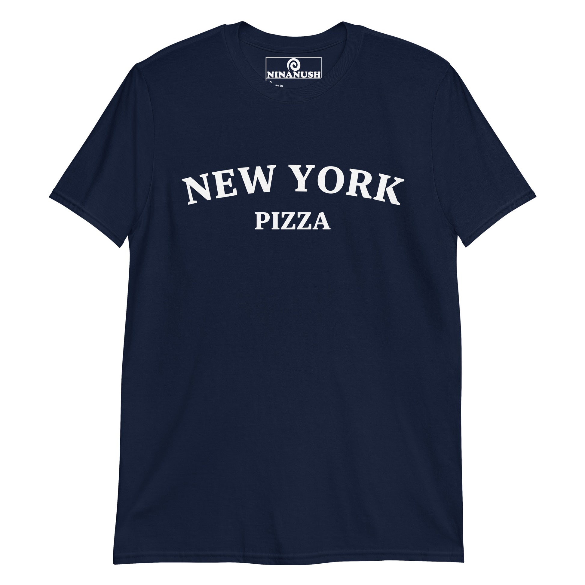 Navy blue New York Pizza t-shirt from Nina's Funky Shop by ninanush - Calling all Pizza aficionados! This New York Pizza shirt was designed just for you! Add a little personality to your everyday style in this pizza lover tee. It's a classic cotton tee that's soft, comfortable and makes a statement. Wear it as everyday street wear or give it as a funny gift for a pizza enthusiast.