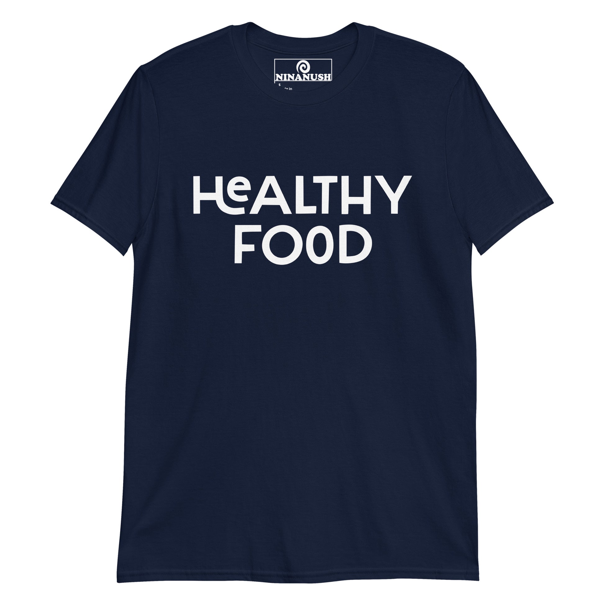 Navy healthy food shirt from Nina's Funky Shop by ninanush - This healthy food t-shirt is soft, comfortable, designed by Nina, and made just for you. It's a foodie shirt for health food enthusiasts or a sarcastic tee for food lovers of all kinds. Celebrate your favorite food and drinks with our funky foodie clothing and accessories.