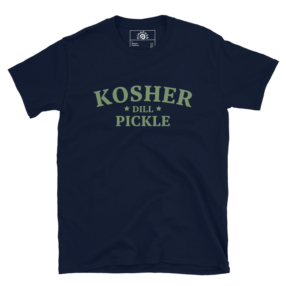 Navy blue kosher dill pickle t-shirt from Nina's Funky Shop by ninanush - A kosher dill pickle lover shirt. This stand-out tee is unique and made just for you. It's a classic cotton tee that's soft and comfortable with an original design by Nina, expertly printed on the front. Eat your favorite pickles in this pickle enthusiast tee or give it as a funny gift for that pickle friend.