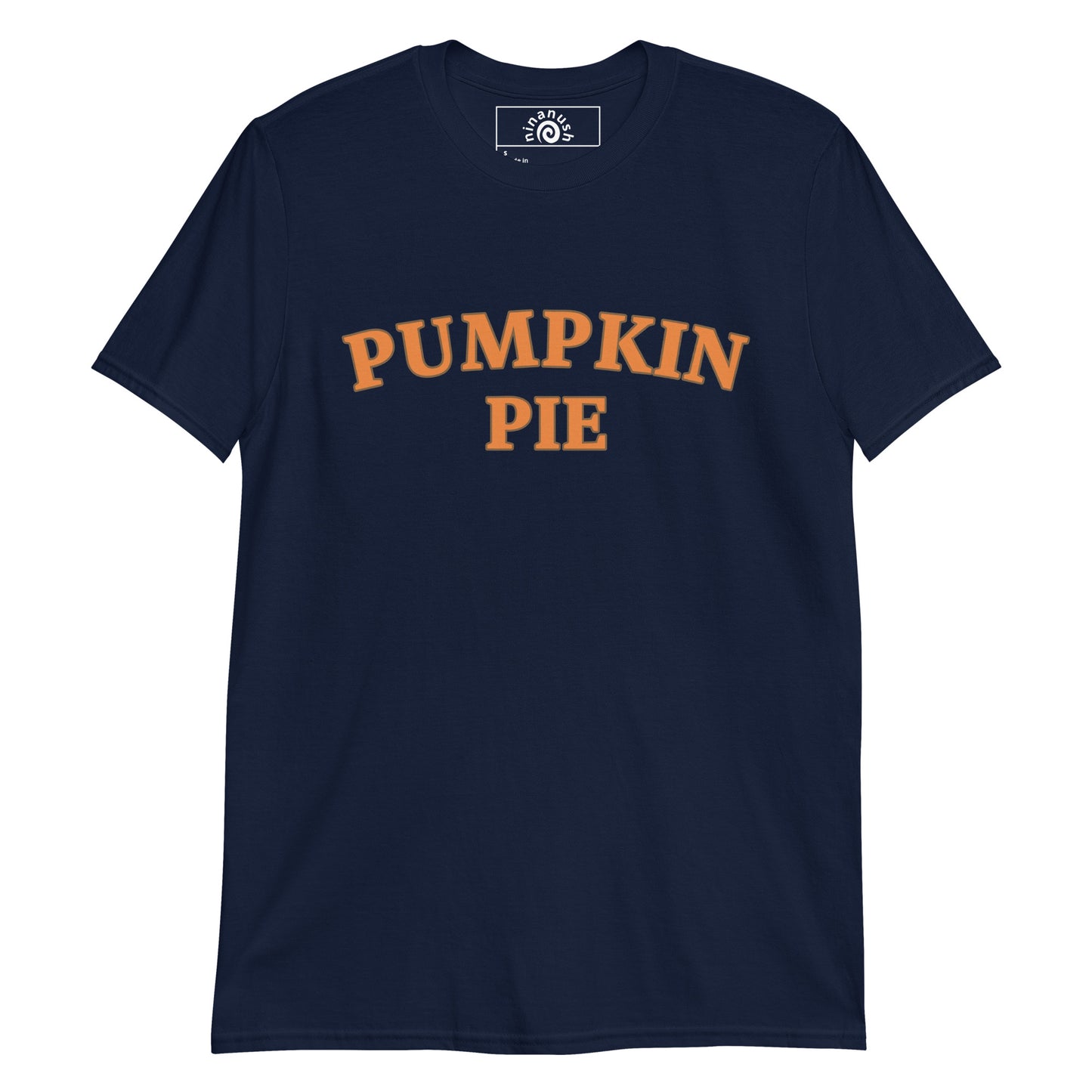 Navy pumpkin pie t-shirt from Nina's Funky Shop by ninanush - This pumpkin pie t-shirt is comfortable, soft, and the perfect graphic tee for pumpkin enthusiasts. Add a little personality to your everyday style with this stand-out pumpkin lover shirt or give it as a gift to your favorite pie aficionado. It's a classic cotton tee with an original orange pumpkin pie design by Nina.