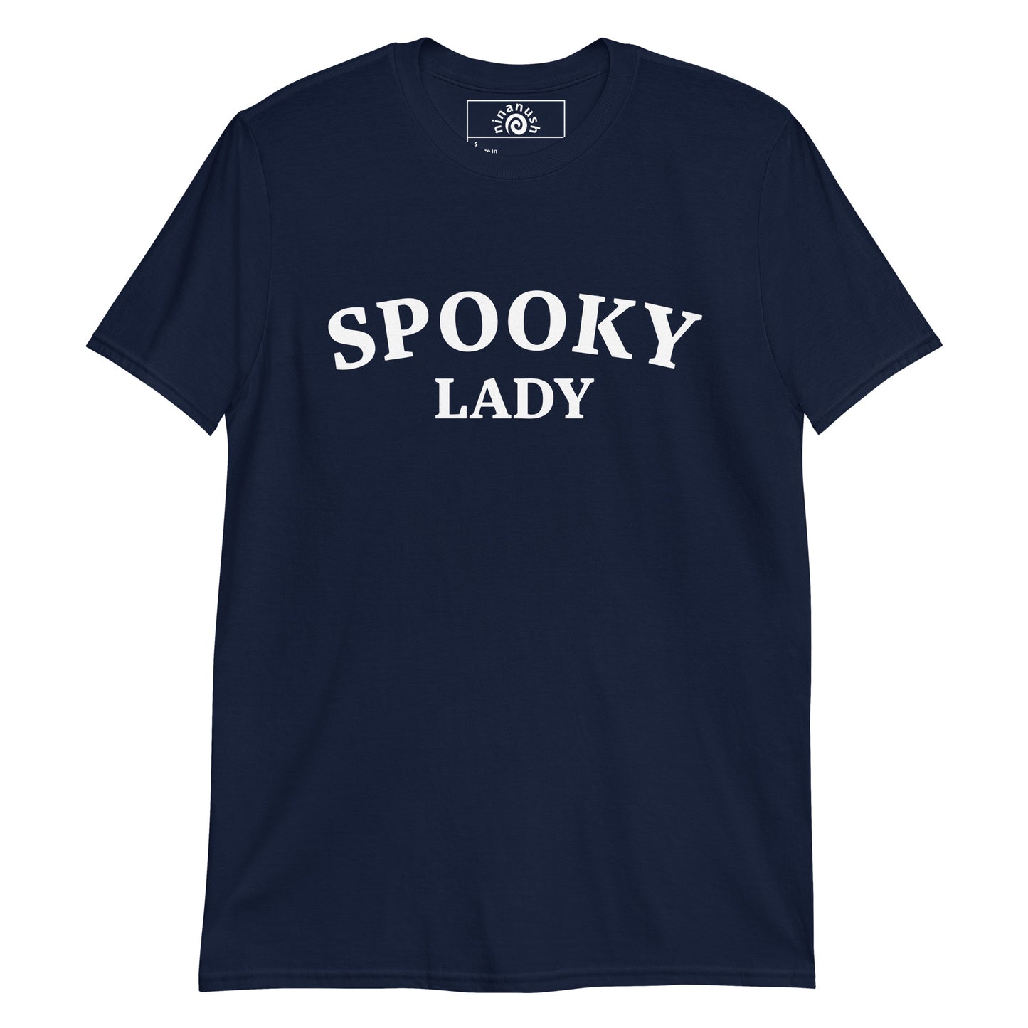 Navy blue Spooky Lady T-shirt from Nina's Funky Shop by ninanush - This spooky lady shirt is a soft and comfortable cotton tee with the words "Spooky Lady", expertly printed on the front. Make a statement in this spooky graphic tee or give it as a funny gift for spooky season. It's a classic t-shirt with an original design by Nina.