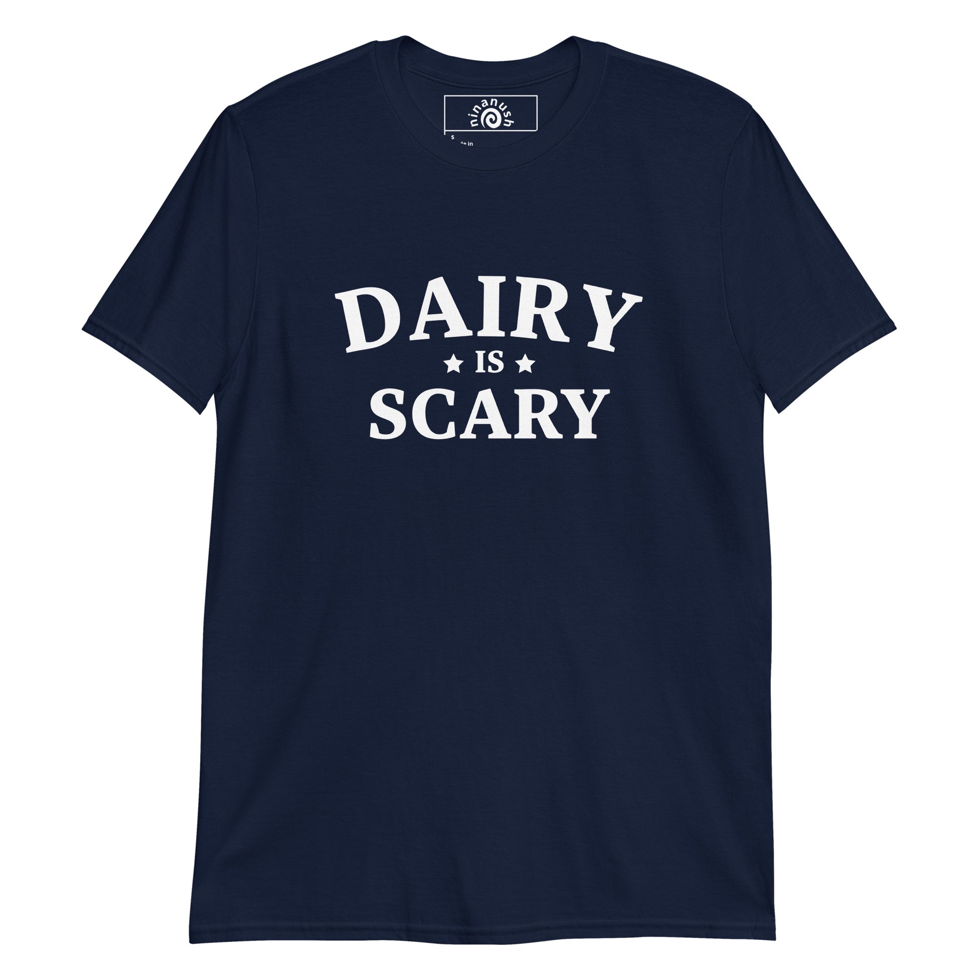 Navy Dairy is Scary T-shirt from Nina's Funky Shop by ninanush - Dairy is scary for a number of reasons, so here is a funny anti dairy t-shirt for members of the dairy free club. This Dairy is Scary shirt is soft, comfortable and designed for dairy rejecters of all kinds. Celebrate your favorite foods and drinks in our funky foodie apparel, designed by Nina and made just for you.