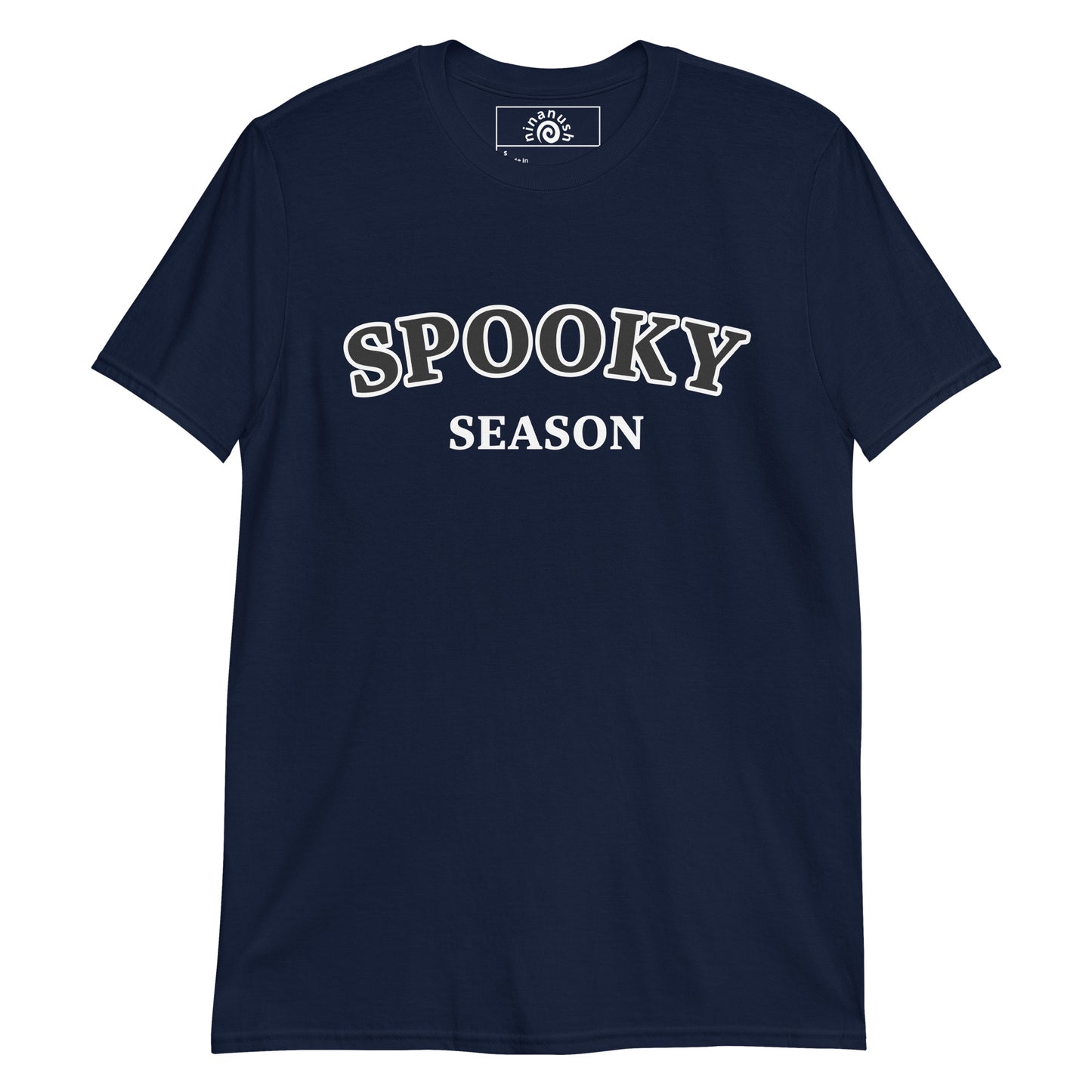 Navy spooky season t-shirt from Nina's Funky Shop by ninanush - The Spooky Season T-shirt. Whether you're celebrating spooky season this fall or channeling your spooky year round, this spooky season shirt was designed for you! It's a soft and comfortable tee with "Spooky Season", printed college-style on the front. Show off your spooky pride in this funny spooky season t-shirt.