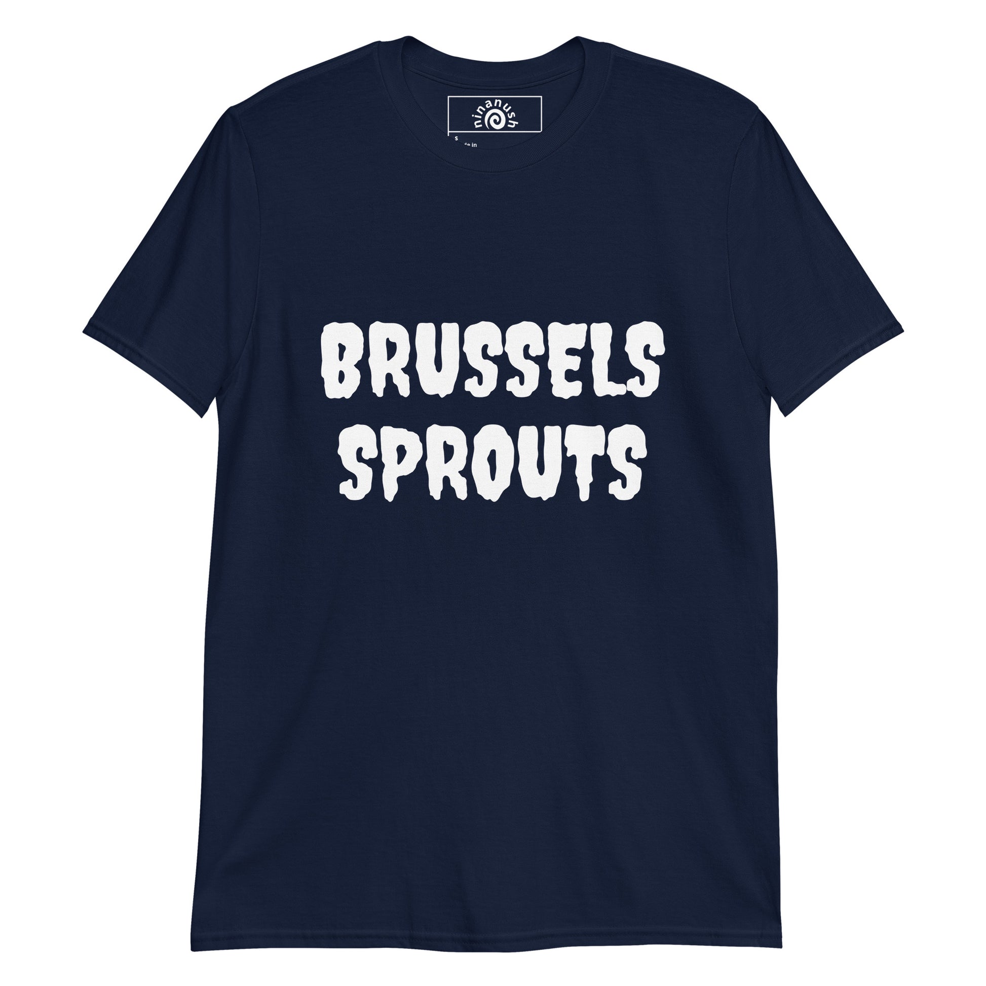 Navy Brussels Sprouts t-shirt from Nina's Funky Shop by ninanush - Wear our funny Brussels Sprouts T-shirt this spooky season. It's a soft and comfortable cotton tee that's sure to turn heads. The perfect shirt for a Brussels sprout hater and weird graphic tee for everyday style. This funny t-shirt for spooky season was designed by Nina and made just for you. Stay spooky, eat Brussels sprouts.