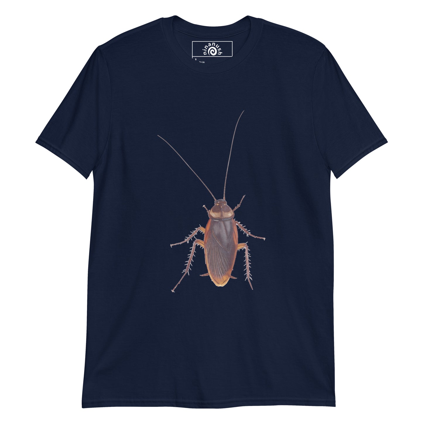 Navy cockroach t-shirt with large brown cockroach climbing up from Nina's Funky Shop by ninanush - Cockroaches are cool. This cockroach t-shirt is soft and comfortable with a totally unique and funky cockroach design. It's a funny t-shirt for insect enthusiasts and a statement graphic tee that's sure to turn heads. Give this weird shirt as a sarcastic gift or add a little personality to your everyday style.