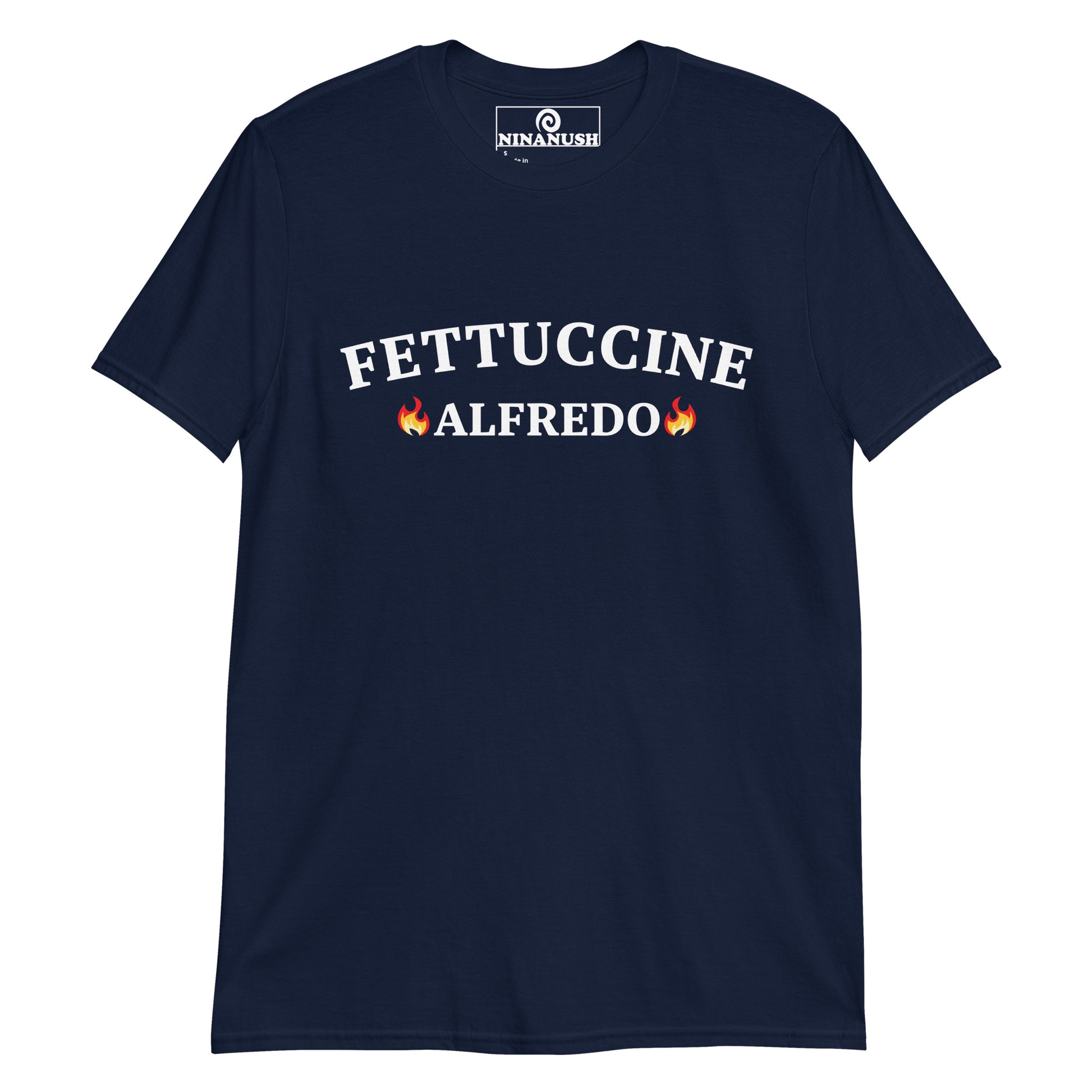 Navy Fettuccine Alfredo Shirt from Nina's Funky Shop by ninanush - Make a statement in this fettuccine Alfredo shirt. If you love fettuccine Alfredo, this funny food shirt was designed just for you. It's the perfect college-style funny pasta t-shirt for foodies of all kinds. Celebrate your favorite foods and drinks in our funky foodie apparel, designed by Nina and made just for you.