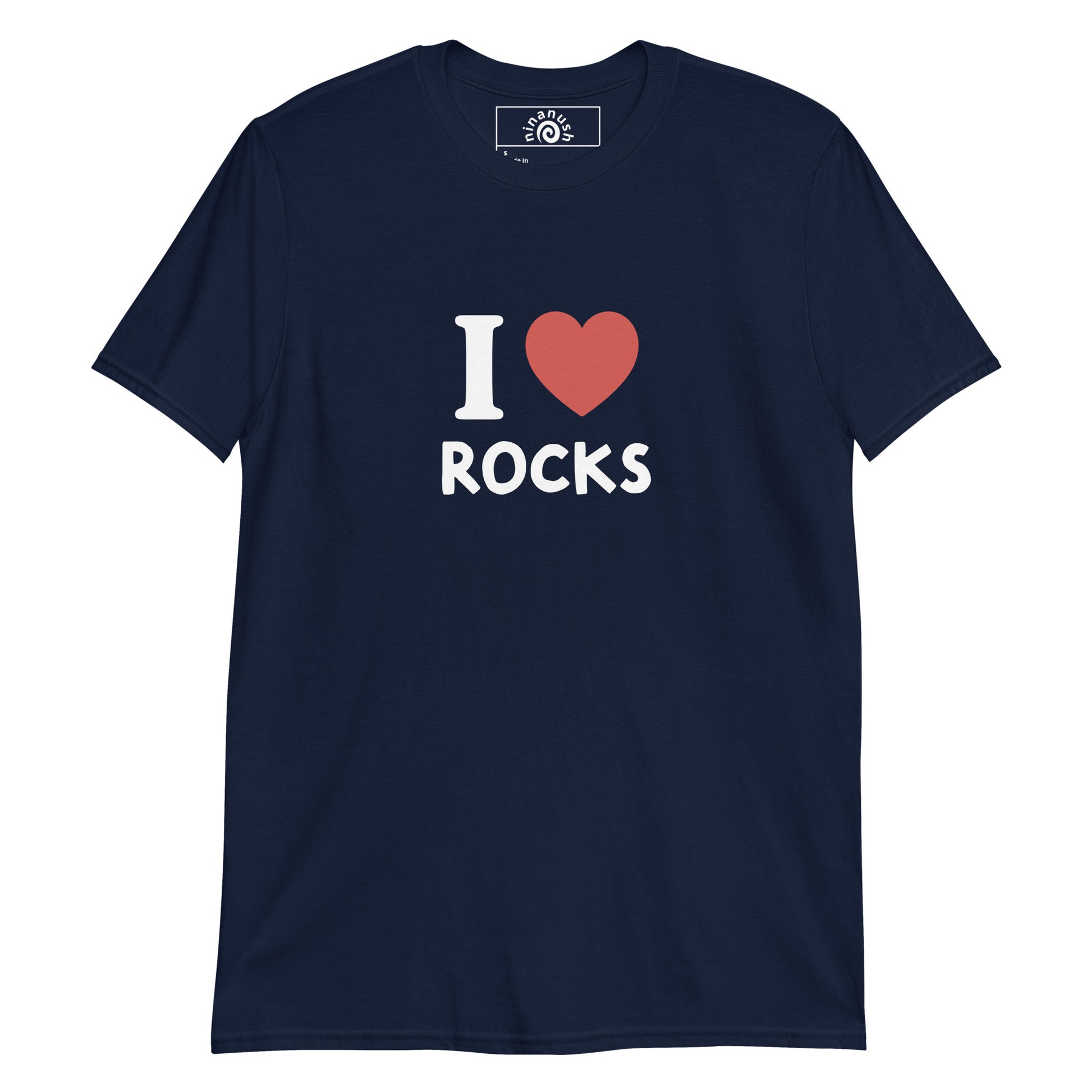 Navy I Heart Rocks T-shirt from Nina's Funky Shop by ninanush - Are you a rock enthusiast? Looking for a fun gift for a fellow rock lover? This I heart rocks shirt is just what you need. It's a unisex, crew neck T-shirt that's soft and comfortable with "I hear rocks", expertly printed on the front. Stand out and collect your favorite rocks in this rock lover tee, it's designed by Nina and made just for you.