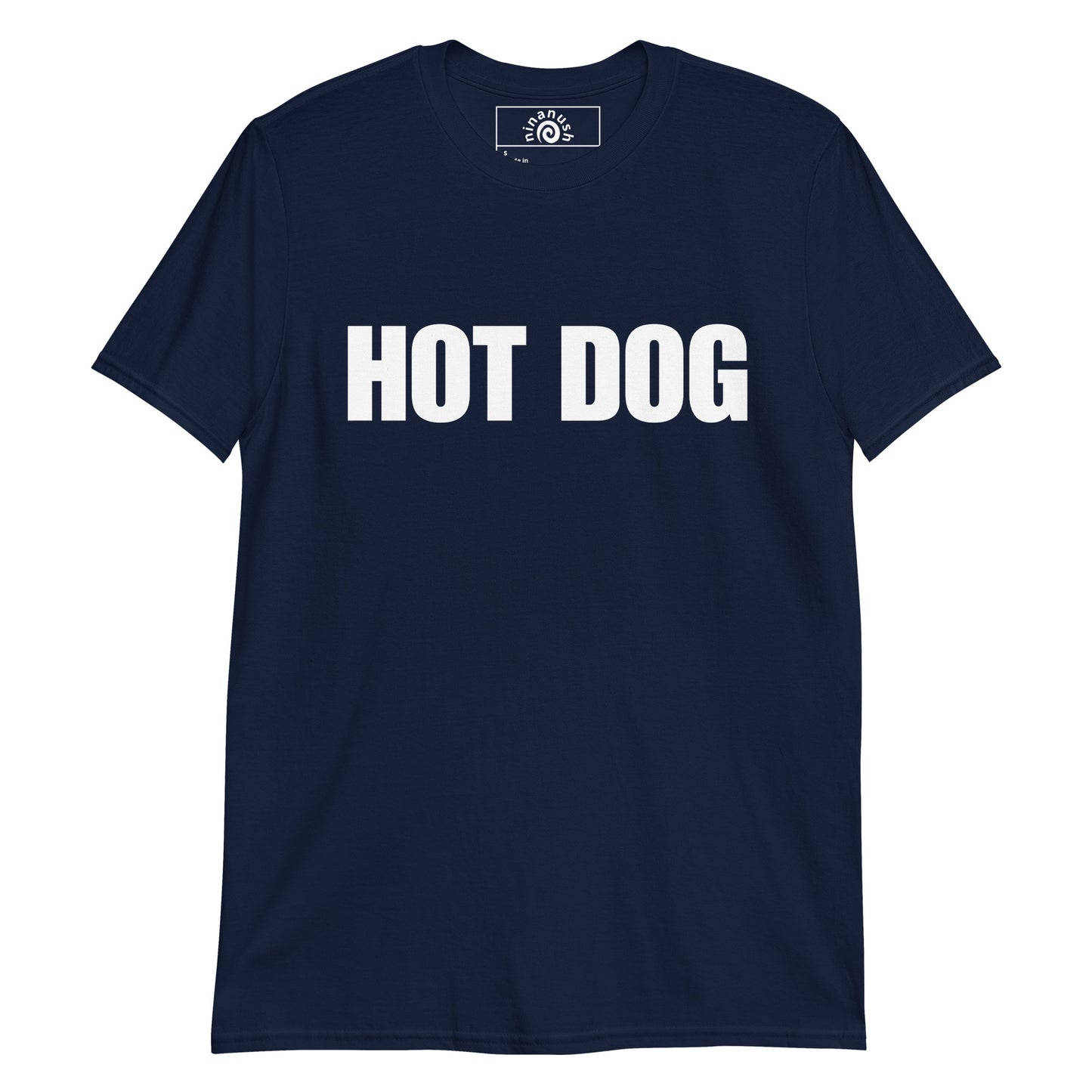 Navy Hot Dog T-shirt from Nina's Funky Shop by ninanush - Do you love hot dogs? Looking for a fun foodie gift? Our Hot Dog Shirt is just for you! It's a unisex, crew neck T-shirt that's soft and comfortable with "Hot Dog", expertly printed on the front. Stand out and eat your favorite foods in this funny foodie tee, it's designed by Nina and made just for you.