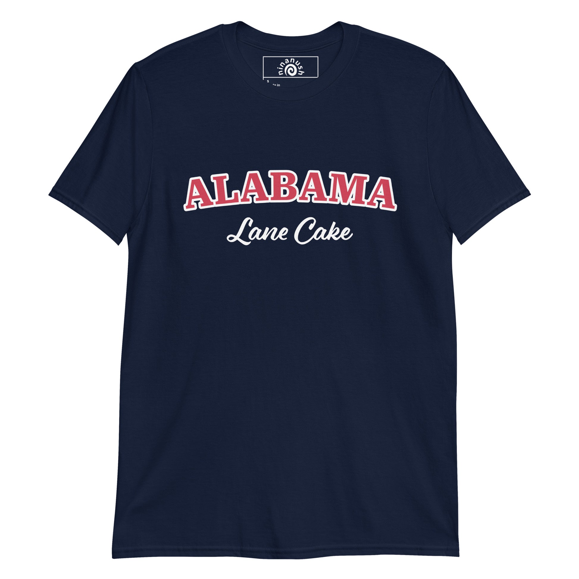 Navy Alabama Lane Cake T-shirt from Nina's Funky Shop by ninanush - Alabama official state dessert? Lane cake! Do you love lane cake? Looking for a fun gift an an Alabama foodie? Our Alabama Lane Cake Shirt is just what you need! It's a unisex, crew neck T-shirt that's soft and comfortable with "Alabama Lane Cake", expertly printed on the front. Eat lane cake in this fun foodie tee.