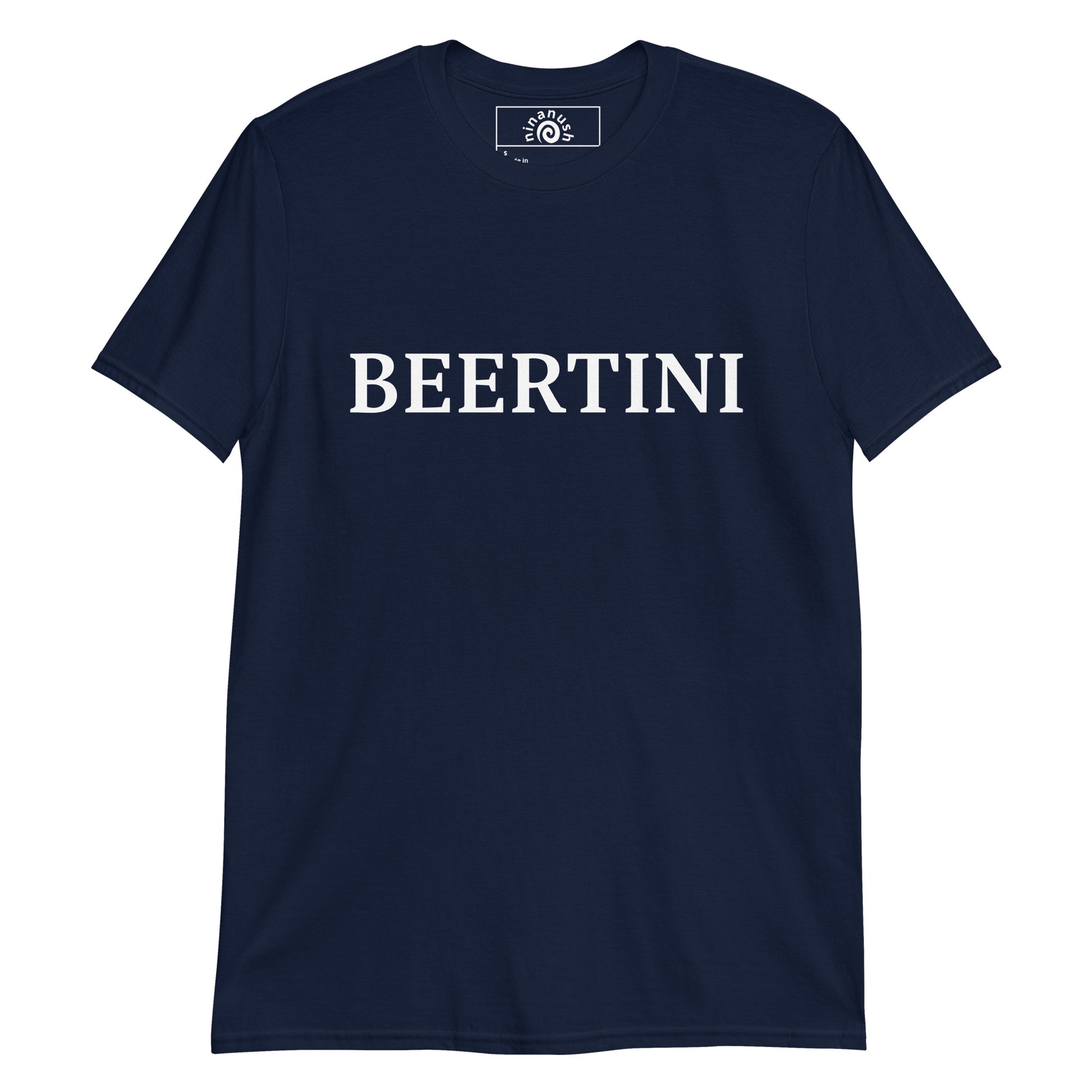 Navy Beertini T-shirt from Nina's Funky Shop by ninanush - Big fan of beertinis? Looking for a fun Midwestern gift? Our Beertini Shirt is just what you need! It's a unisex, crew neck T-shirt that's soft and comfortable with "Beertini", expertly printed on the front. Drink your beertini and eat your olives in this funny Midwestern cocktail shirt. Designed by Nina.