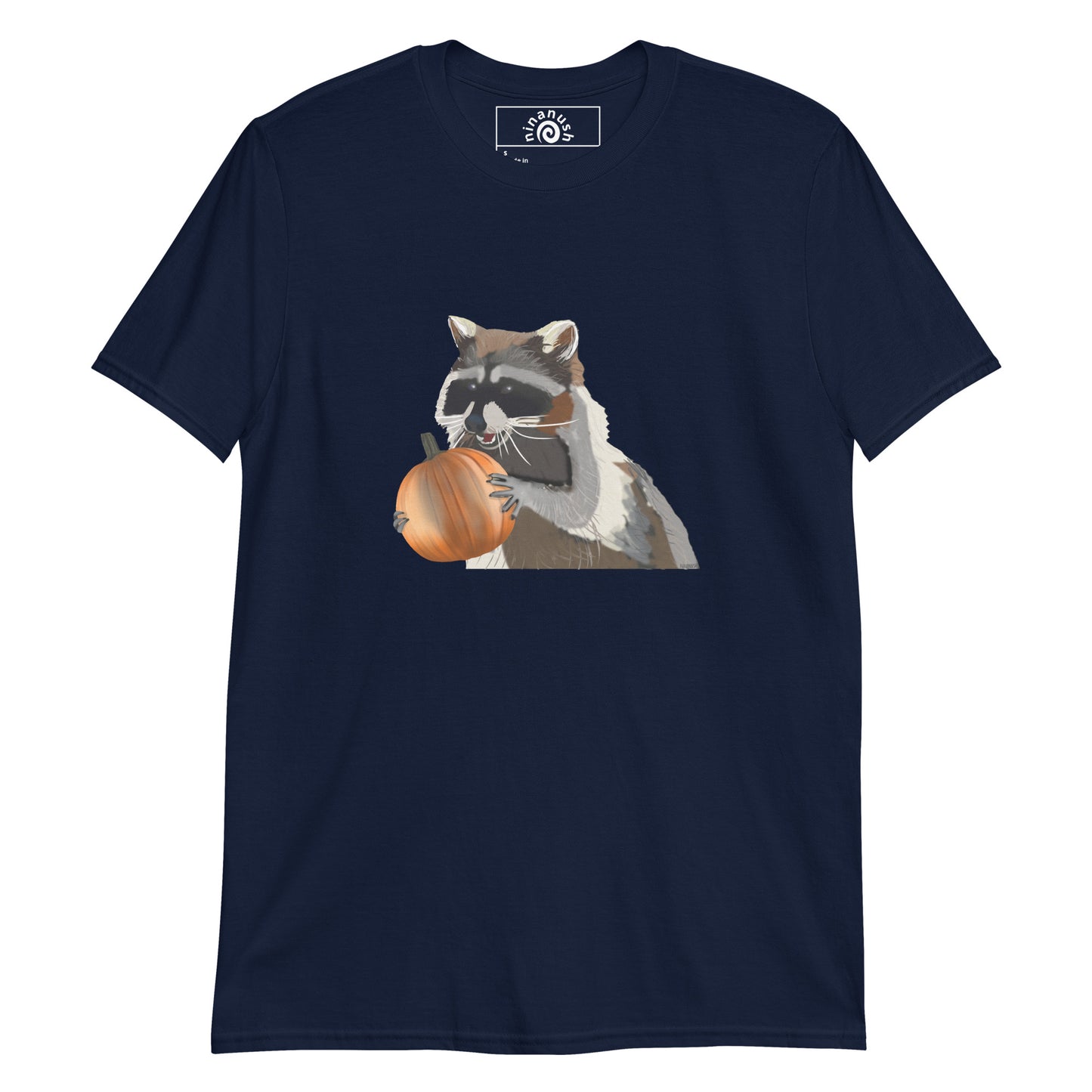 Navy raccoon holding a pumpkin t-shirt from Nina's Funky Shop by ninanush - Do you raccoons? Looking for a cute Halloween shirt? This funny spooky season T-Shirt is just what you need. It's a soft and comfortable cotton shirt with a funky design of a raccoon holding an orange pumpkin. Hand drawn graphic by Nina and totally unique. Stay weird and stand out in this funny raccoon graphic tee.