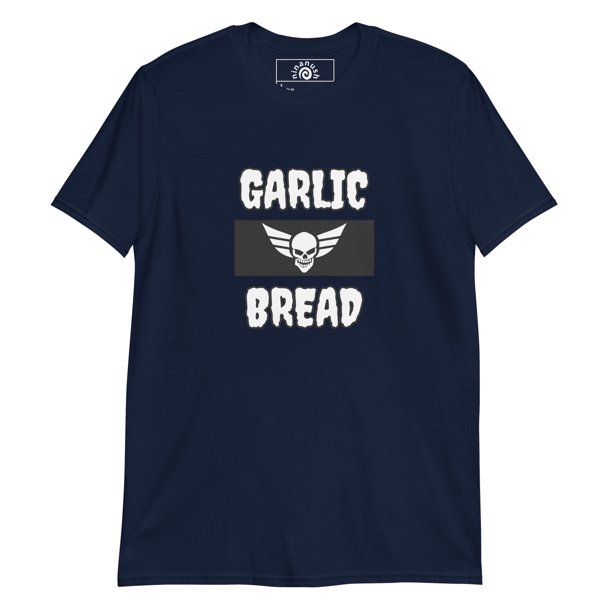 Navy Garlic Bread T-shirt with Scull from Nina's Funky Shop by ninanush - Do you love garlic bread? Looking for a funny gift for a friend? This Garlic Bread T-Shirt is just for you! It's soft, made of comfortable cotton and has a funny foodie design, expertly printed on the front. This spooky foodie tee comes in a variety of colors and makes the perfect shirt for garlic bread enthusiasts.